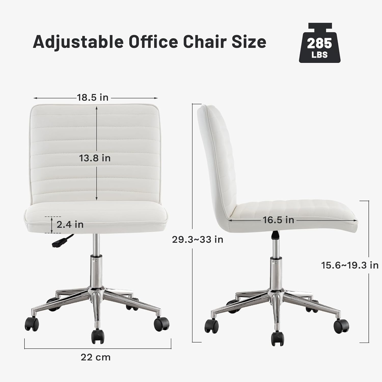 Furniliving Modern PU Leather Armless Office Chair Adjustable Swivel Office Desk Chair with Wheels Task Chair for Home Office, White