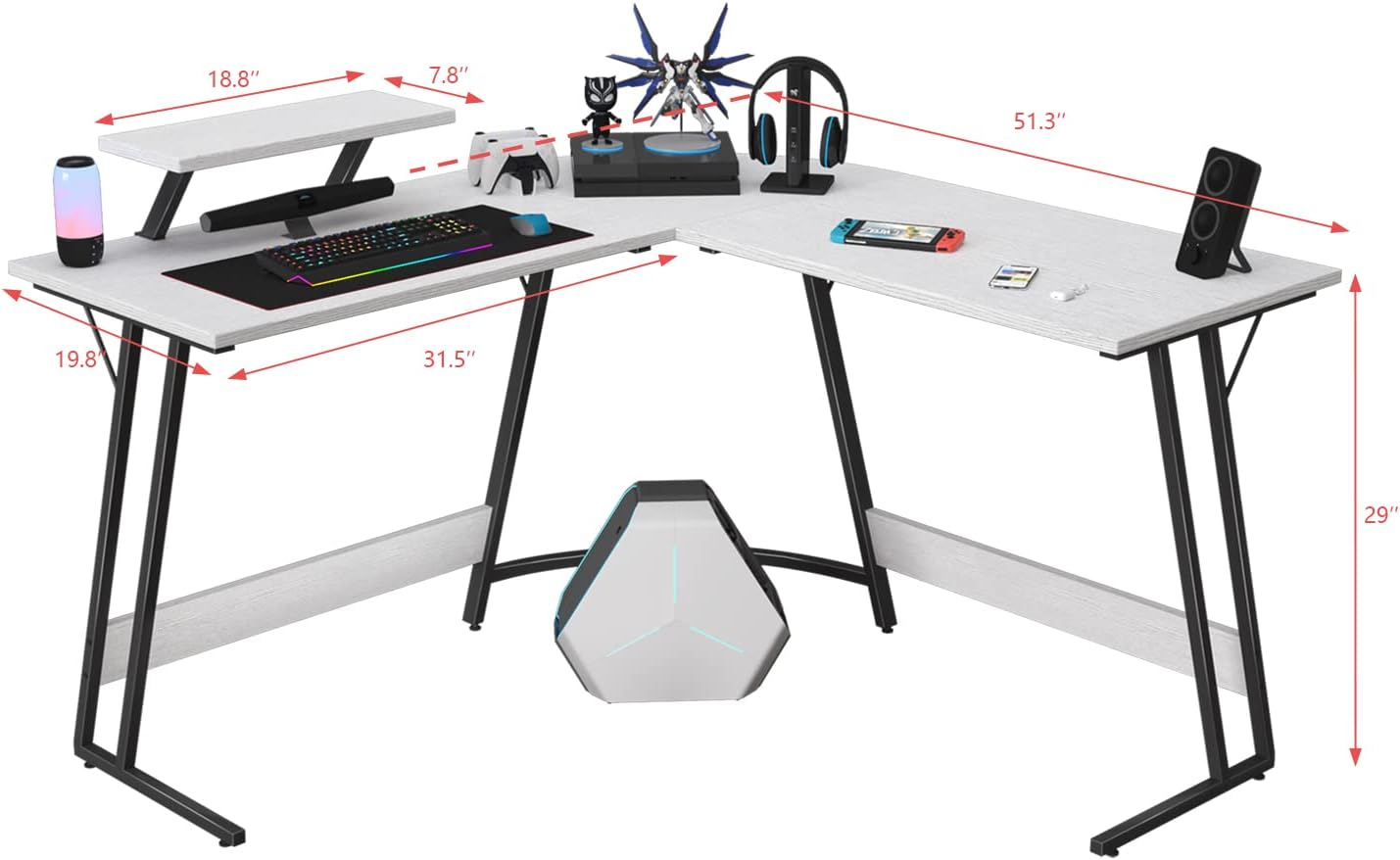 CL.HPAHKL L Shaped Desk Corner Gaming Desk Table with Large Monitor Riser Stand Computer Desk with Large Desktop Studying and Working and Gaming for Home and Work Place（ White 51 Inch ）