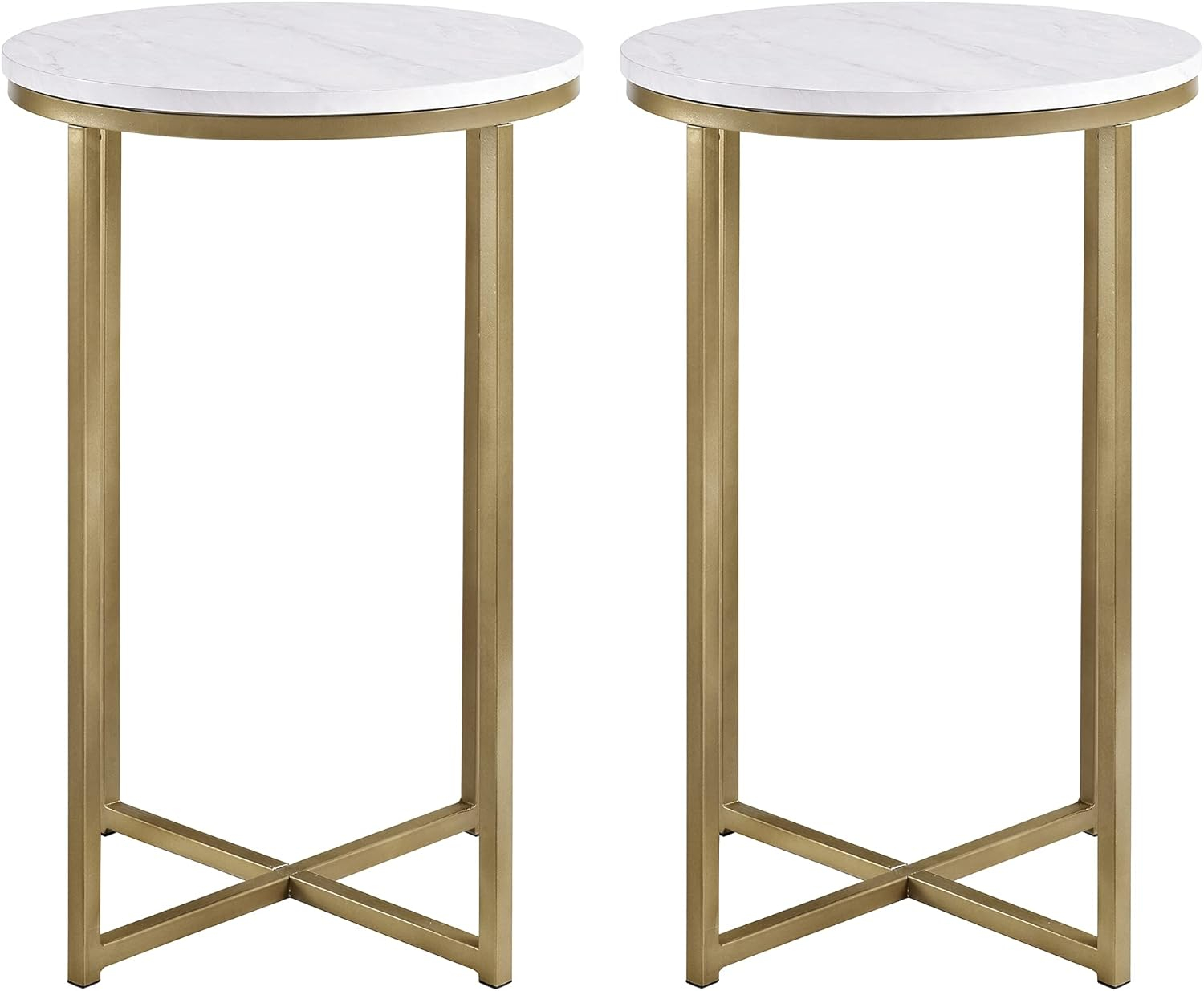 Walker Edison Cora Modern Faux Marble Round Accent Table with X Base, 2 pack, Marble and Gold