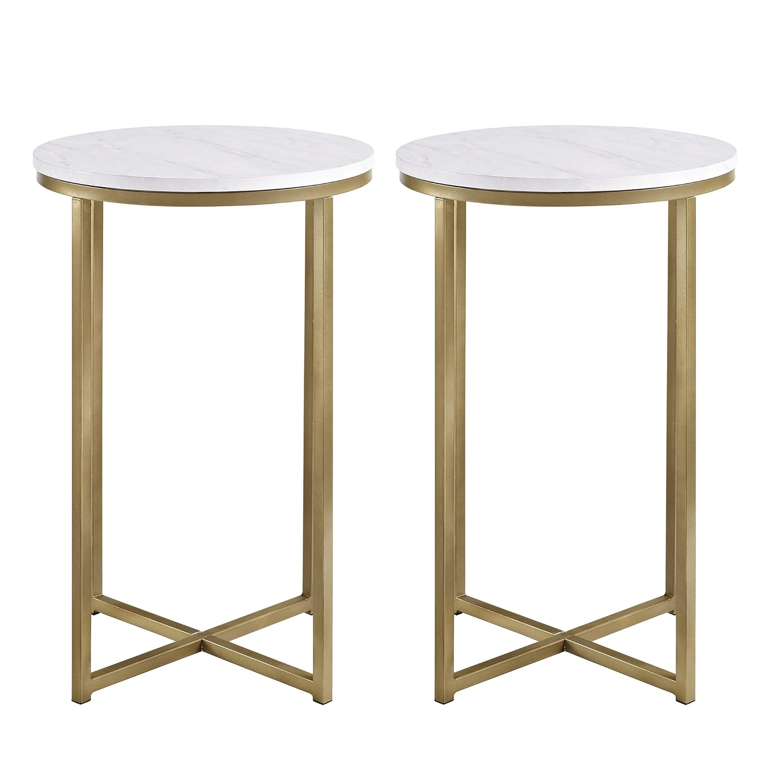 Walker Edison Cora Modern Faux Marble Round Accent Table with X Base, 2 pack, Marble and Gold