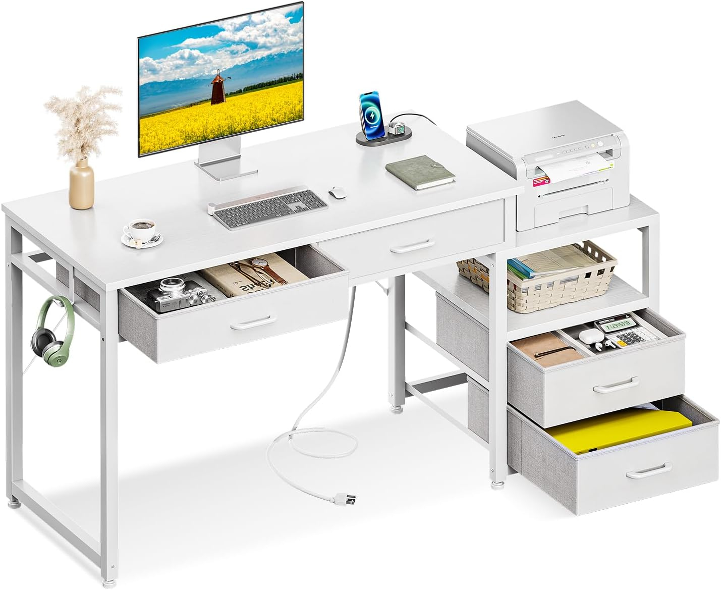 AODK Computer Desk with 4 Drawers & Power Outlet, 53 Inch Reversible Home Office Desk with Printer Stand, Small Desk with Storage Shelf, Study Writing Work Table for Bedroom, Vanity Desk, White