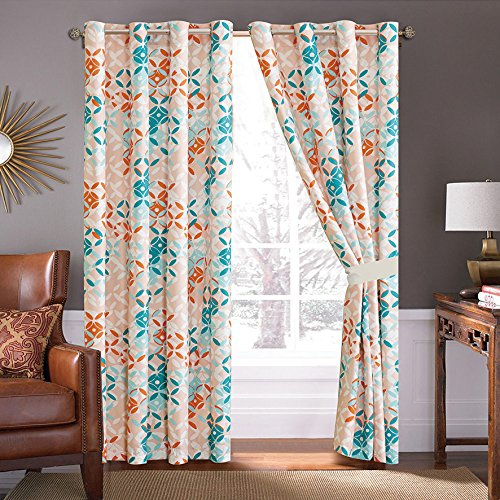 GrandLinen - 4 Piece Turquoise Blue/Orange/Grey Patchwork Microfiber Curtain Set 108 inch Wide X 84 inch Long (2 Window Panels, 2 Ties)