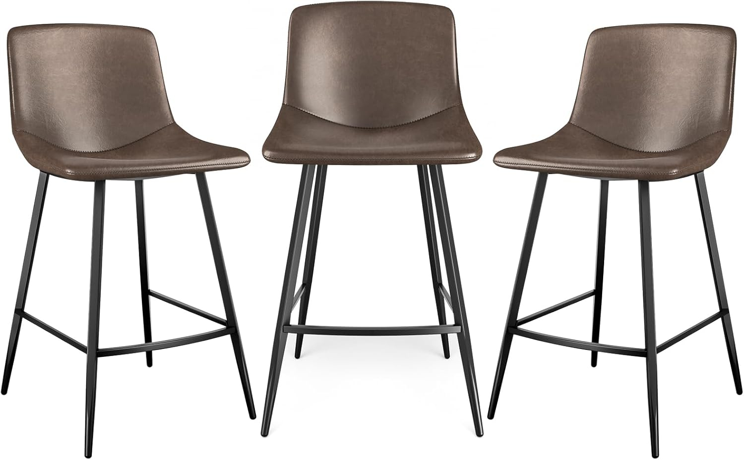 Brown Leather Saddle Style Counter Stools with Steel Legs, Set of 3