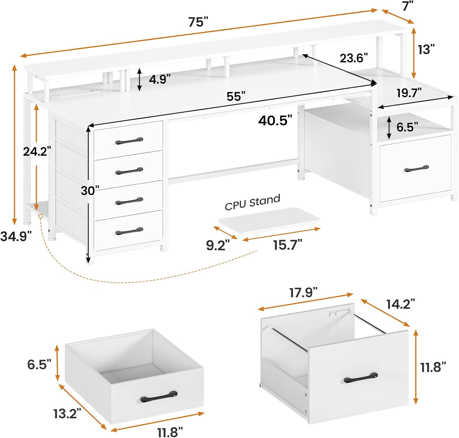 75 Inch Computer Desk with 5-Drawer Power Outlet & Led Lights, Home Office Desk with File Drawer, Storage Shelves, Printer Cabinet and Monitor Stand, Large Desktop Gaming Desk, White