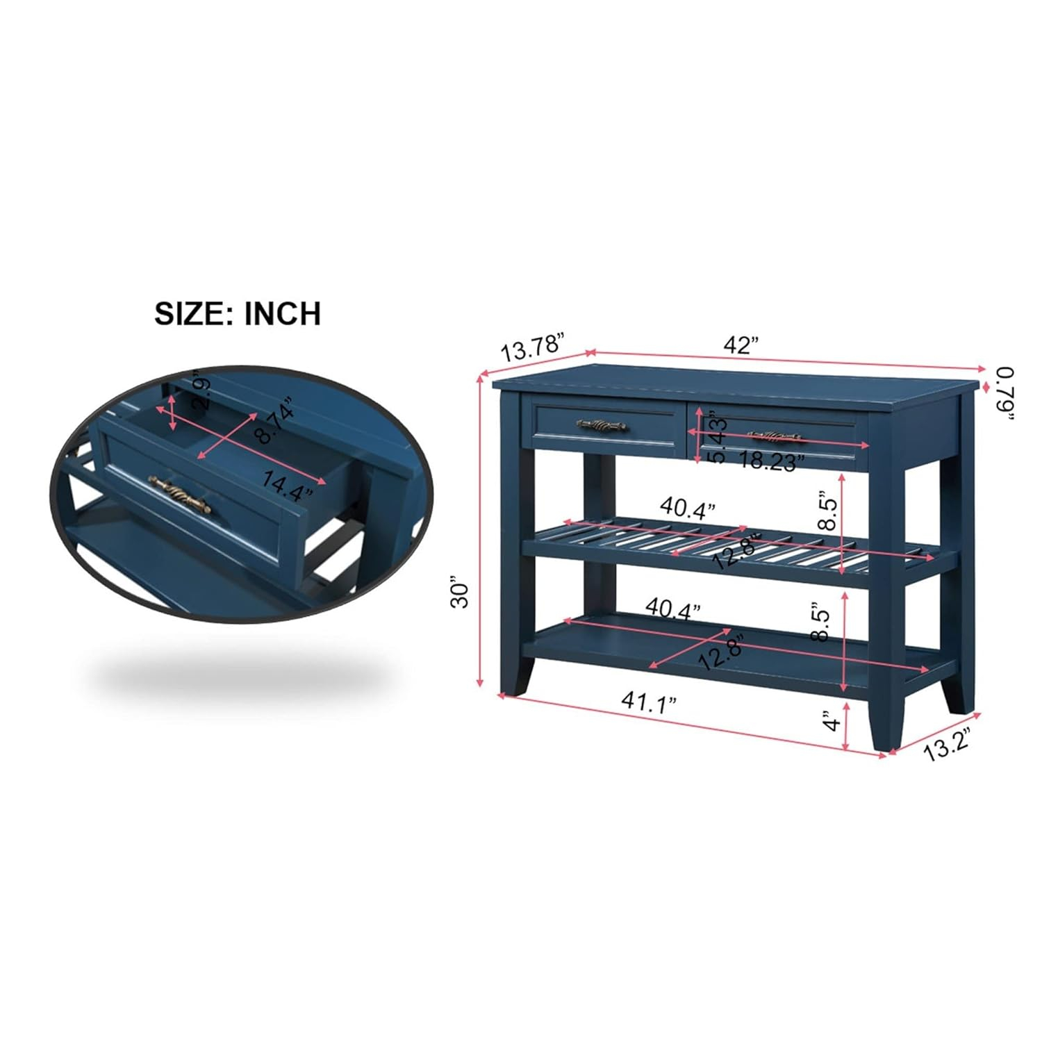 42inch Mid-Century Wood Console Table with 2 Drawers and 2 Bottom Shelf Sofa Table Solid Wood Sideboard(Navy Blue)
