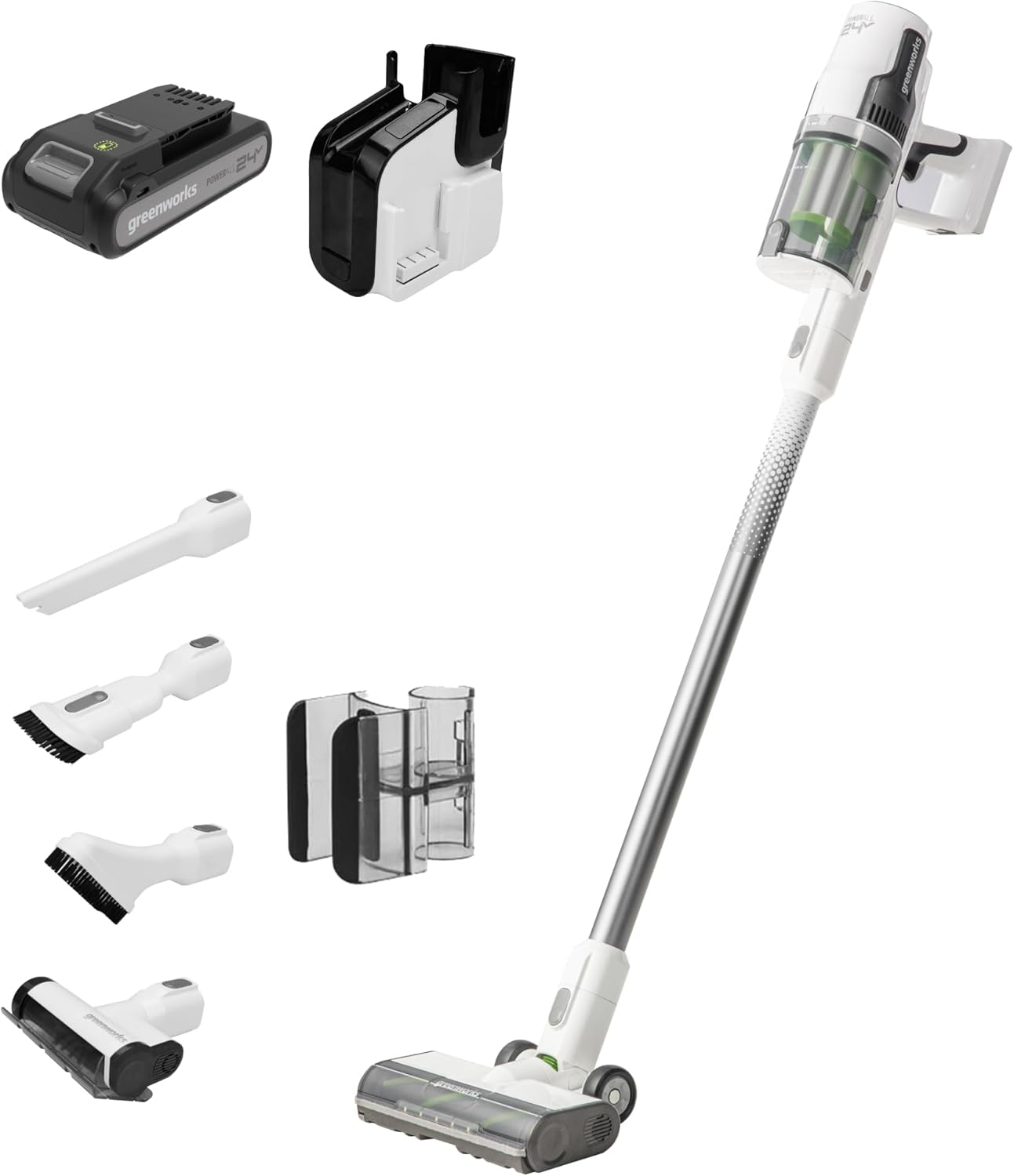 Greenworks 24V Brushless Cordless Stick Vacuum, Lightweight, Handheld, Pet, Anti-Allergen HEPA Filtration, Hard Floor, Carpet, Car, 4Ah Battery, and 30-Minute Charge Time (White)