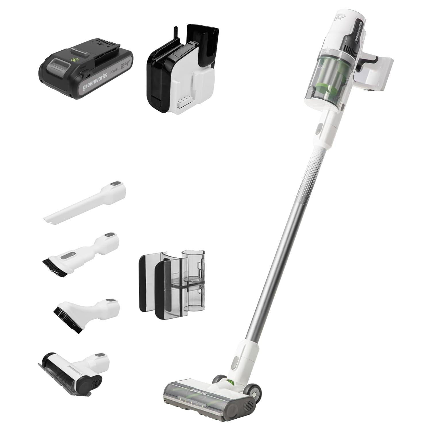 Greenworks 24V Brushless Cordless Stick Vacuum, Lightweight, Handheld, Pet, Anti-Allergen HEPA Filtration, Hard Floor, Carpet, Car, 4Ah Battery, and 30-Minute Charge Time (White)