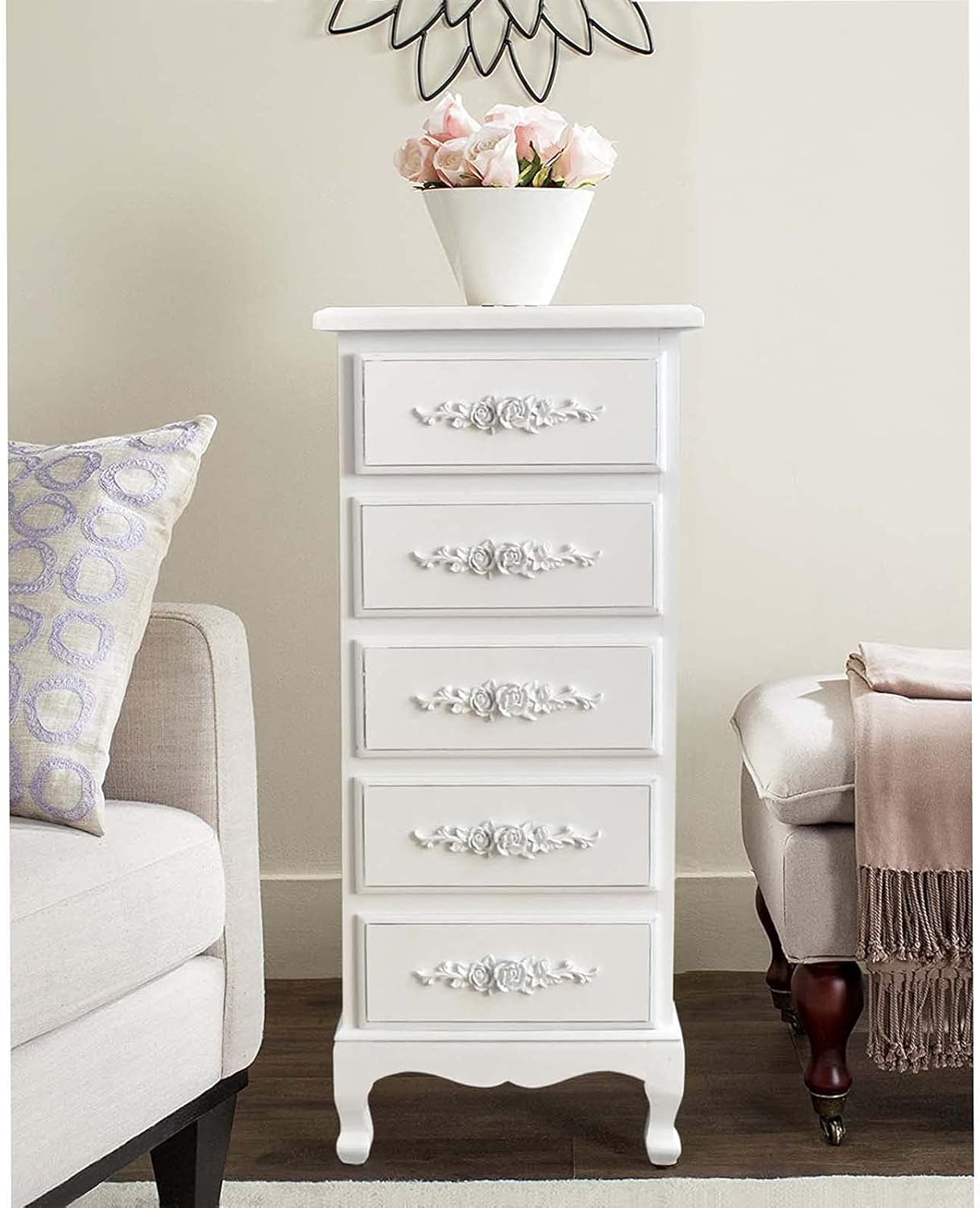 Fully Assembled White Lingerie Dresser, Tall Skinny Chest, Wood Nightstand for Bedroom, Girls Dresser, Antique Furniture, Baby Nursery Storage, Free Standing Jewelry Organizer with Queen Anne Legs