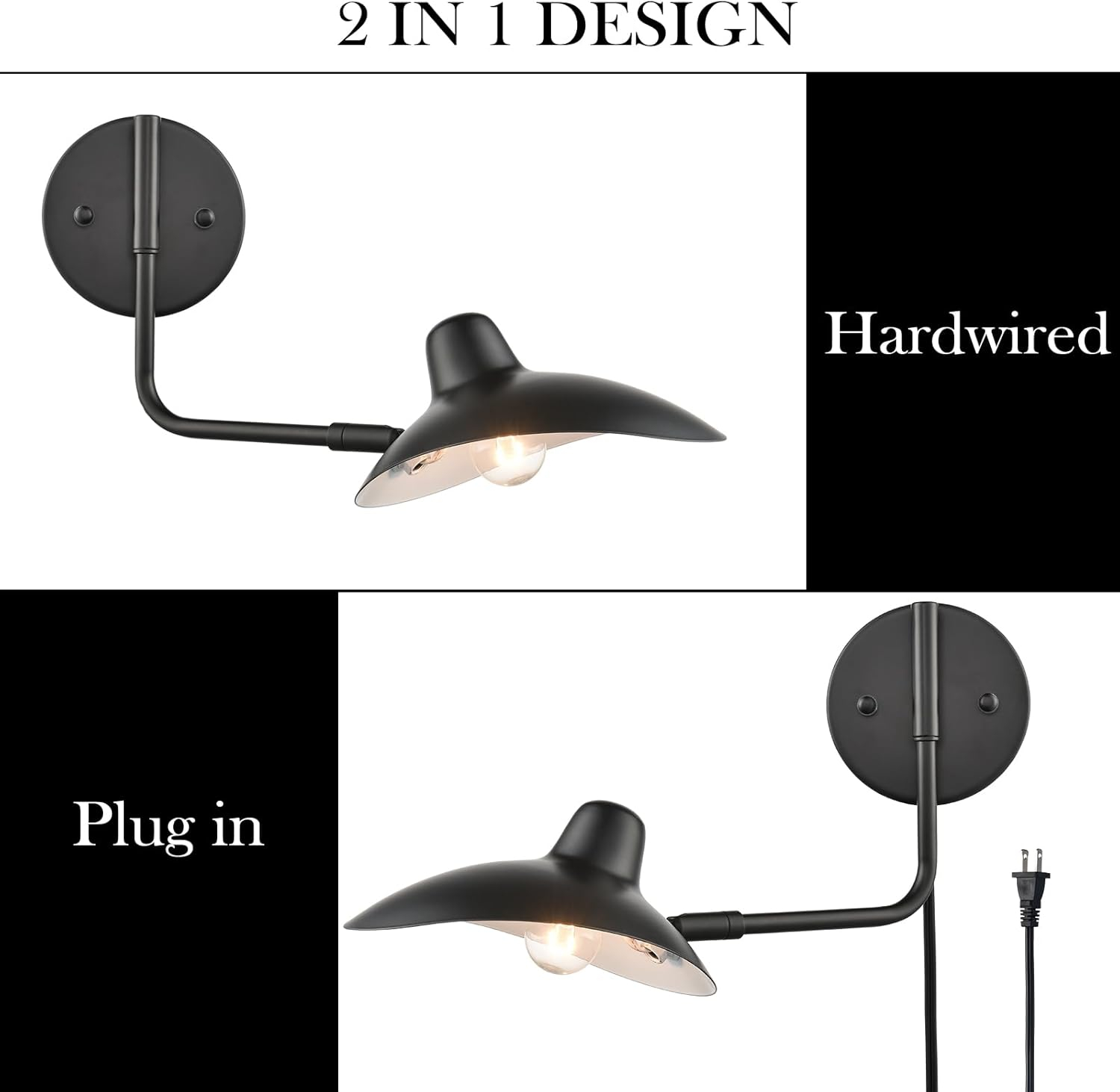 Plug in Wall Sconces Set of Two Black Swing Arm Wall Lamp with Plug-in Cord Adjustable Wall Light for Bedroom Living Room Study Room Home Office