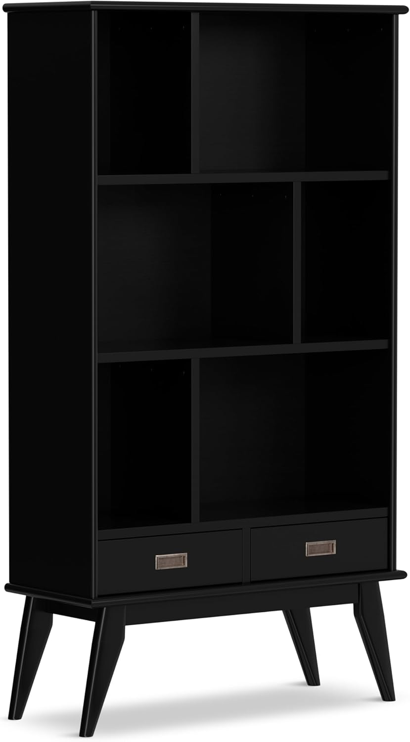 Simpli Home Draper SOLID HARDWOOD 64 inch x 35 inch Mid Century Modern Wide Bookcase and Storage Unit in Black