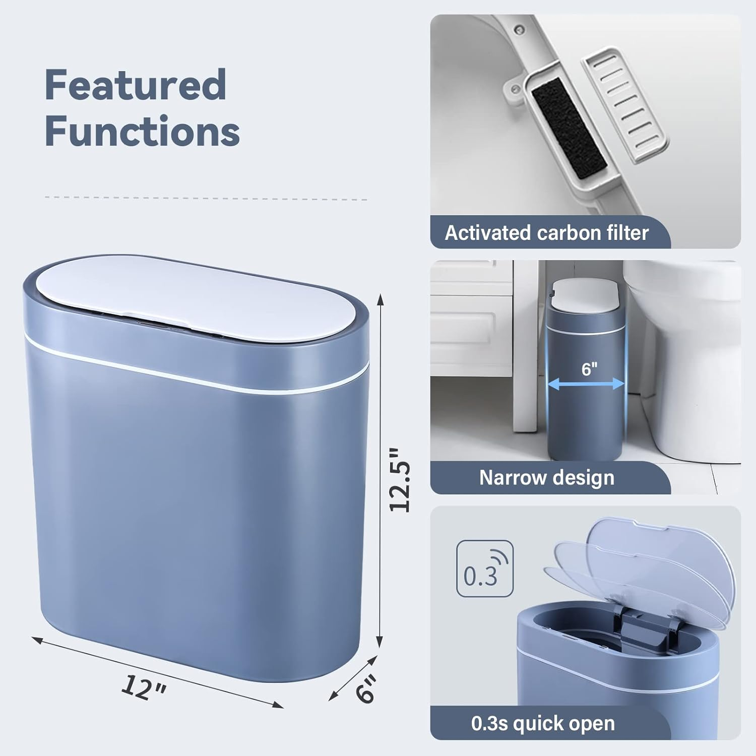 ELPHECO Bathroom Motion Sensor Trash can 2.5 Gallon Automatic Garbage Can, 9.5L Slim Plastic Smart Trash Bin with Lid, touchless Garbage can for Bedroom, Bathroom, Kitchen, Office, Grey