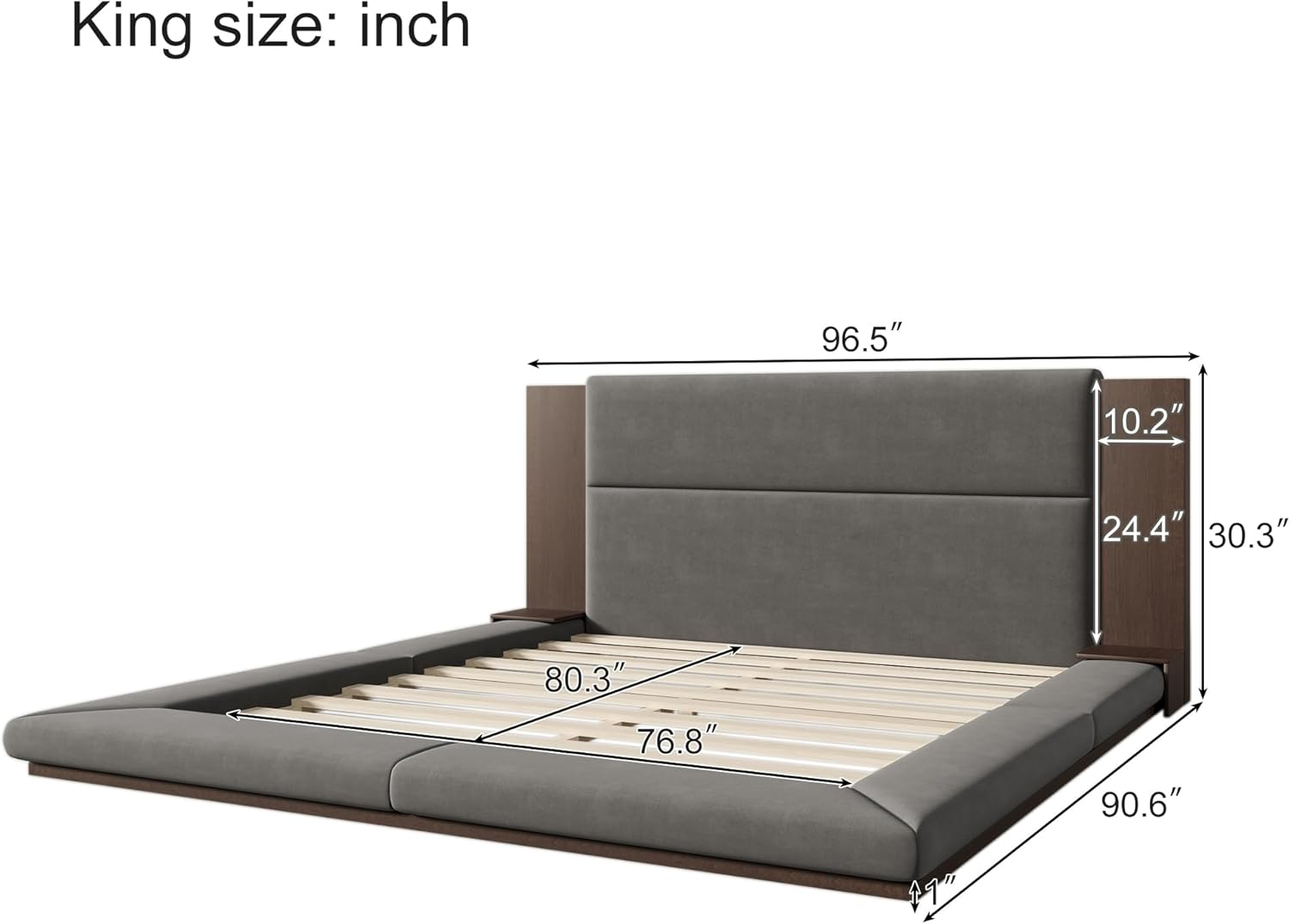 King Size Floor Upholstered Platform Bed with Extended Wood Headboard & Bedside Shelf, No Box Spring Needed, Easy to Assemble (Gray, King)