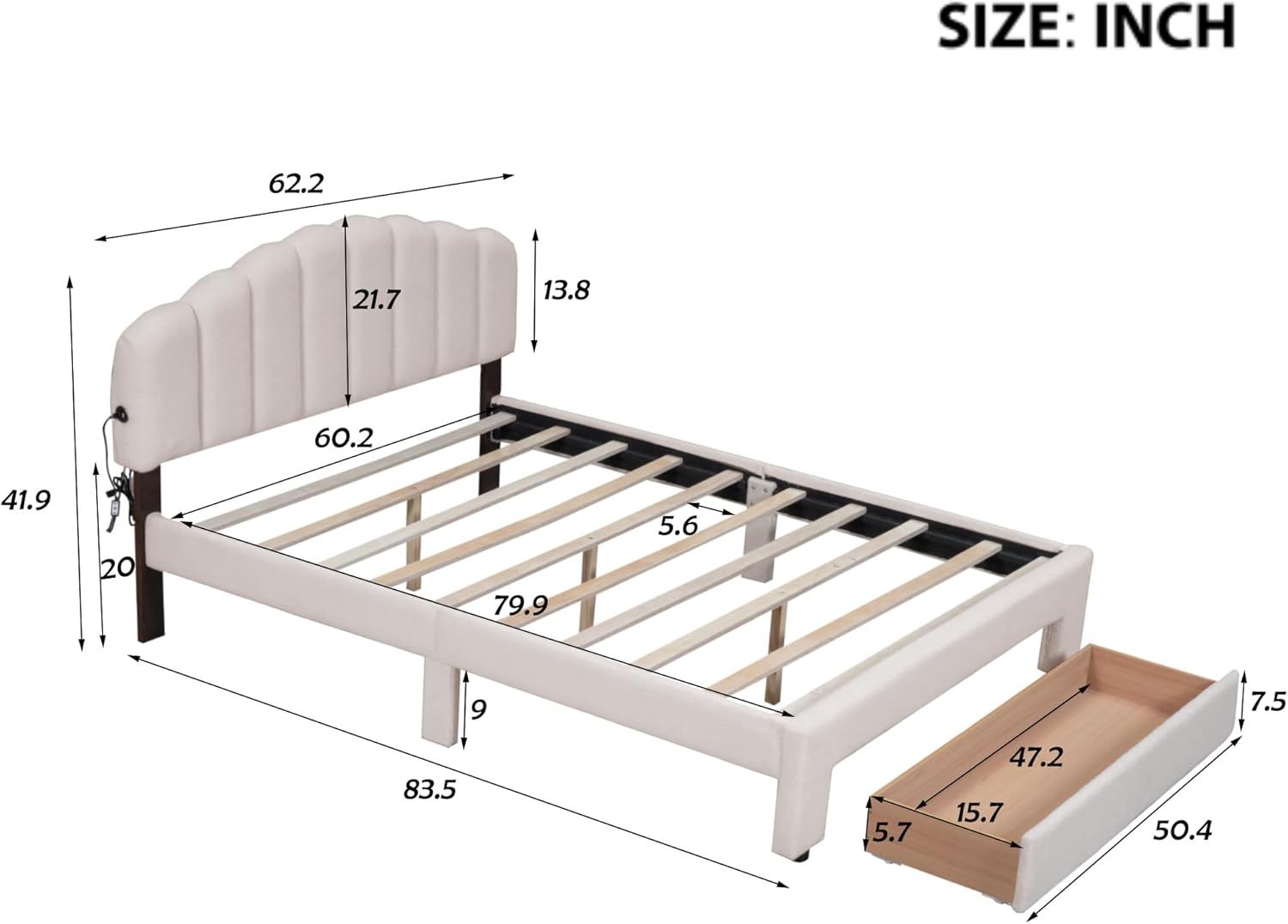 Harper & Bright Designs Queen Size Upholstered Platform Bed with Twin Size Trundle and 2 sets of USB Ports on each side, Linen Fabric, Beige
