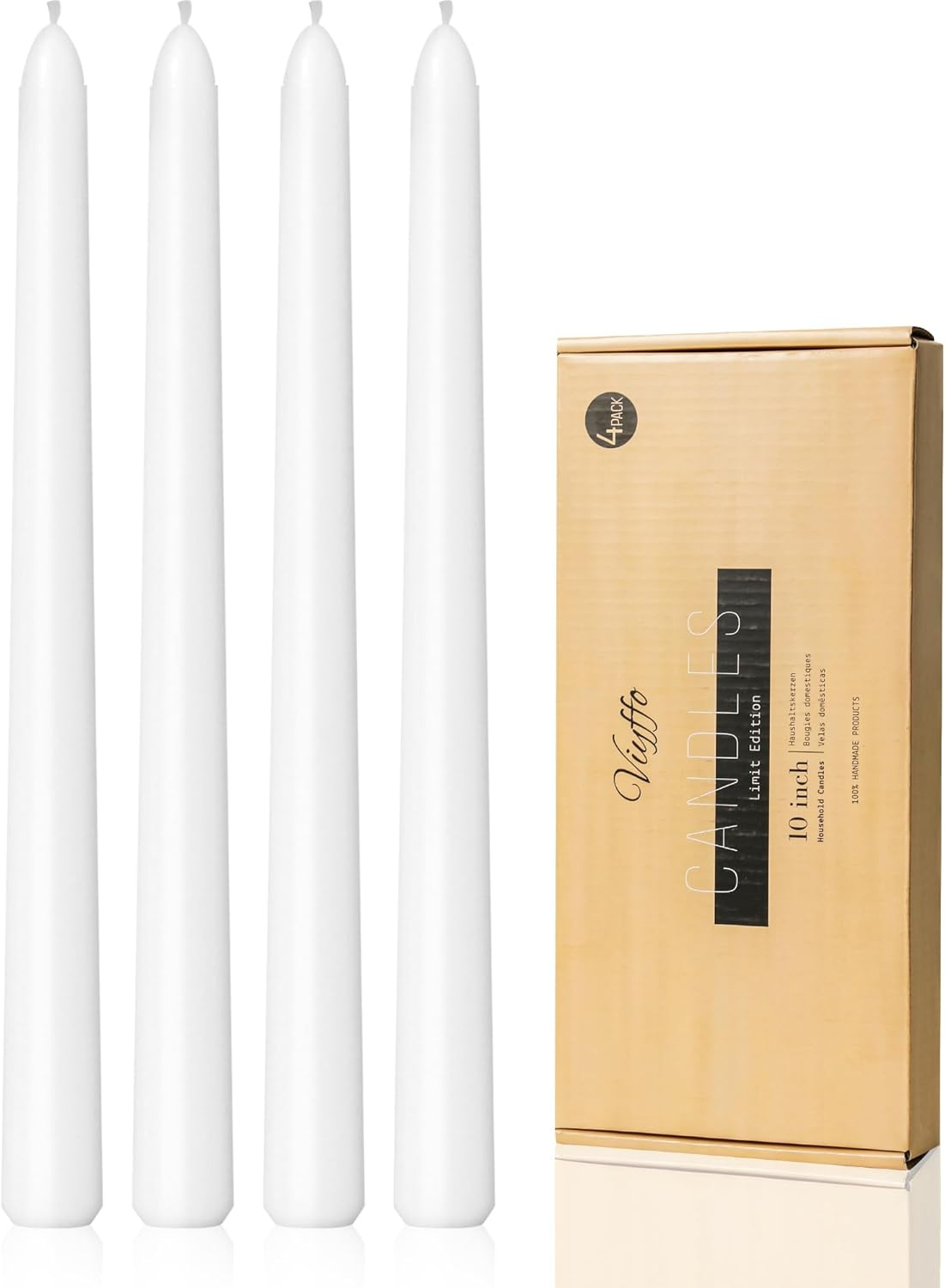 Candwax 10 inch Taper Candles Set of 4 - Dripless Taper Candles and Unscented Candlesticks - Perfect as Dinner Candles and Household Candles - White Candles