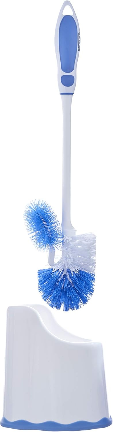 Superio Toilet Bowl Brush and Holder with Under Rim Cleaner for Bathroom, Toilet Brush and Caddy with Non Scratch Bristles and Under Rim Lip Brush, White and Blue (2 Pack)