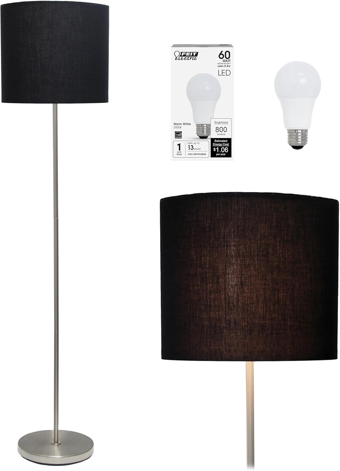 Simple Designs LF2004-BLK-LB 57" Traditional Brushed Nickel Stick Floor Lamp with Black Shade for Living Room, Hallway, Entryway, Bedroom, Office, with Feit LED Bulb Included