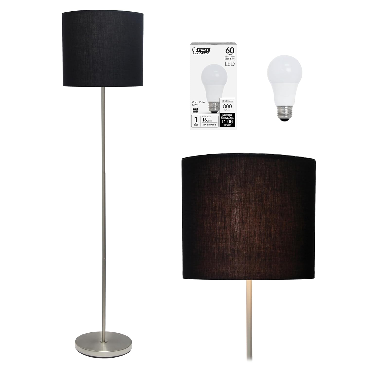 Simple Designs LF2004-BLK-LB 57" Traditional Brushed Nickel Stick Floor Lamp with Black Shade for Living Room, Hallway, Entryway, Bedroom, Office, with Feit LED Bulb Included