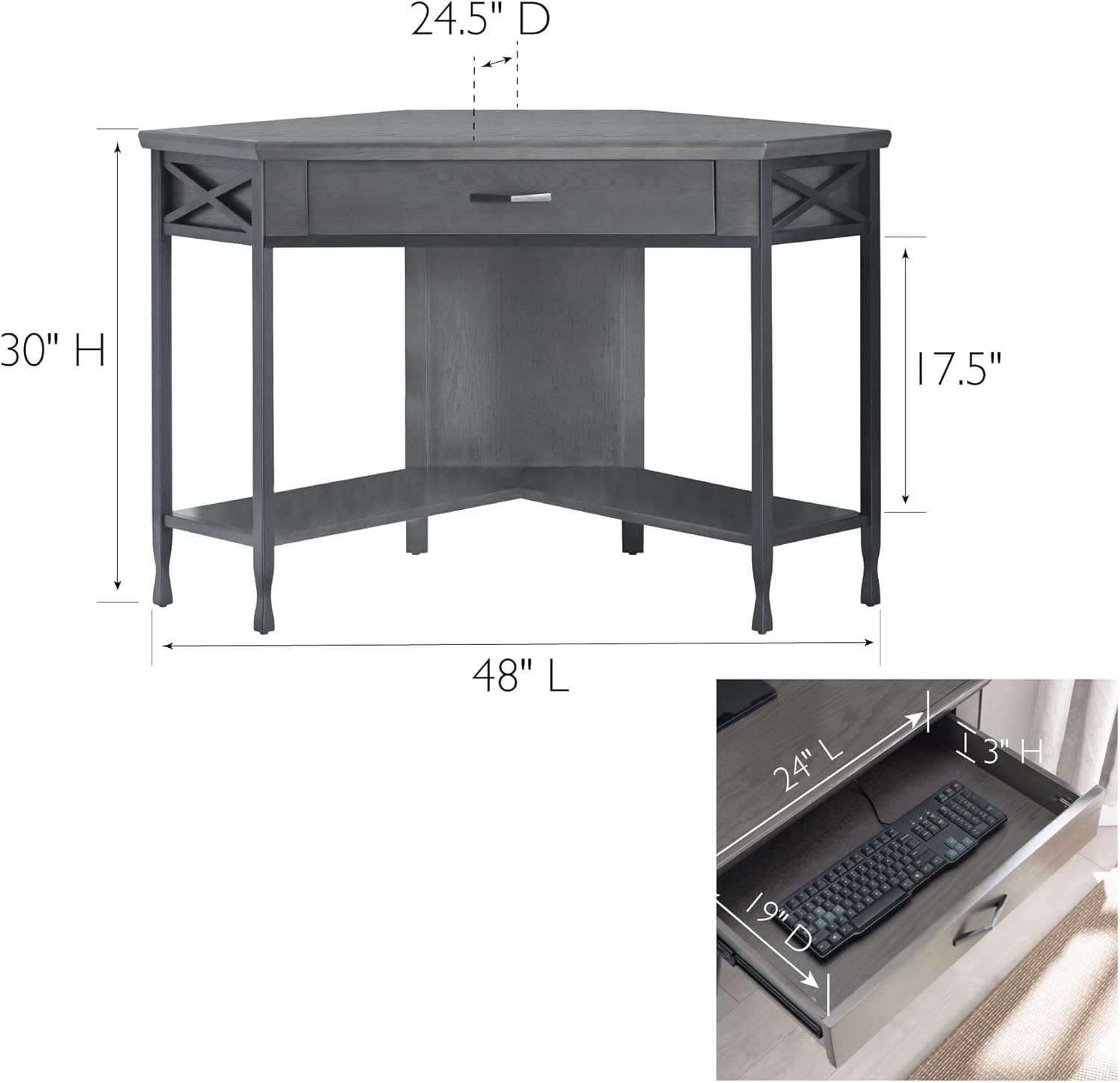 Leick Home 23430 Chisel & Forge Corner Computer Writing Desk with Drop Front Keyboard Drawer, Smoke Gray and Matte Black