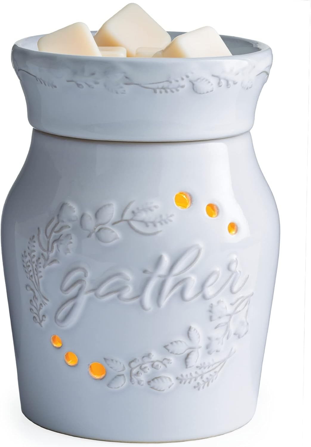 White Ceramic Botanical Fragrance Warmer with Gather Motif
