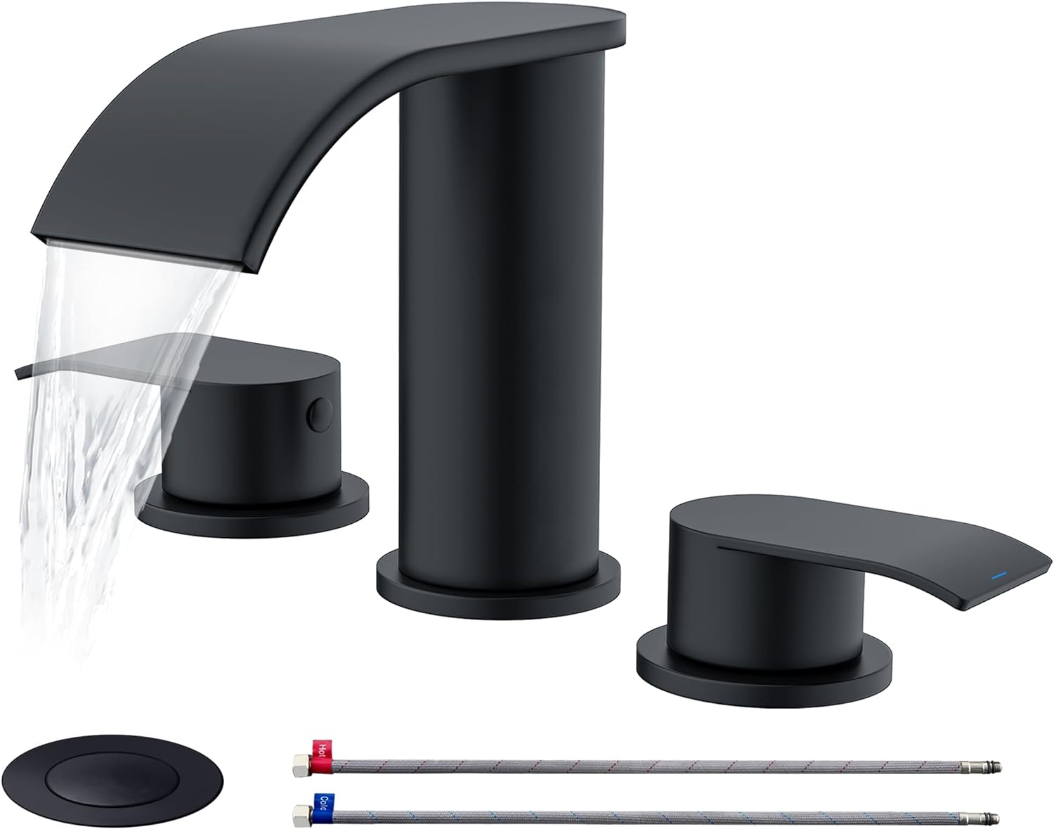 Waterfall Bathroom Sink Faucet Matte Black, Two Handles Bathroom Faucet with Metal Pop up Sink Drain Stopper, 2 or 3 Holes Bathroom Basin Lavatory Mixer Tap with Deck Mount Plate