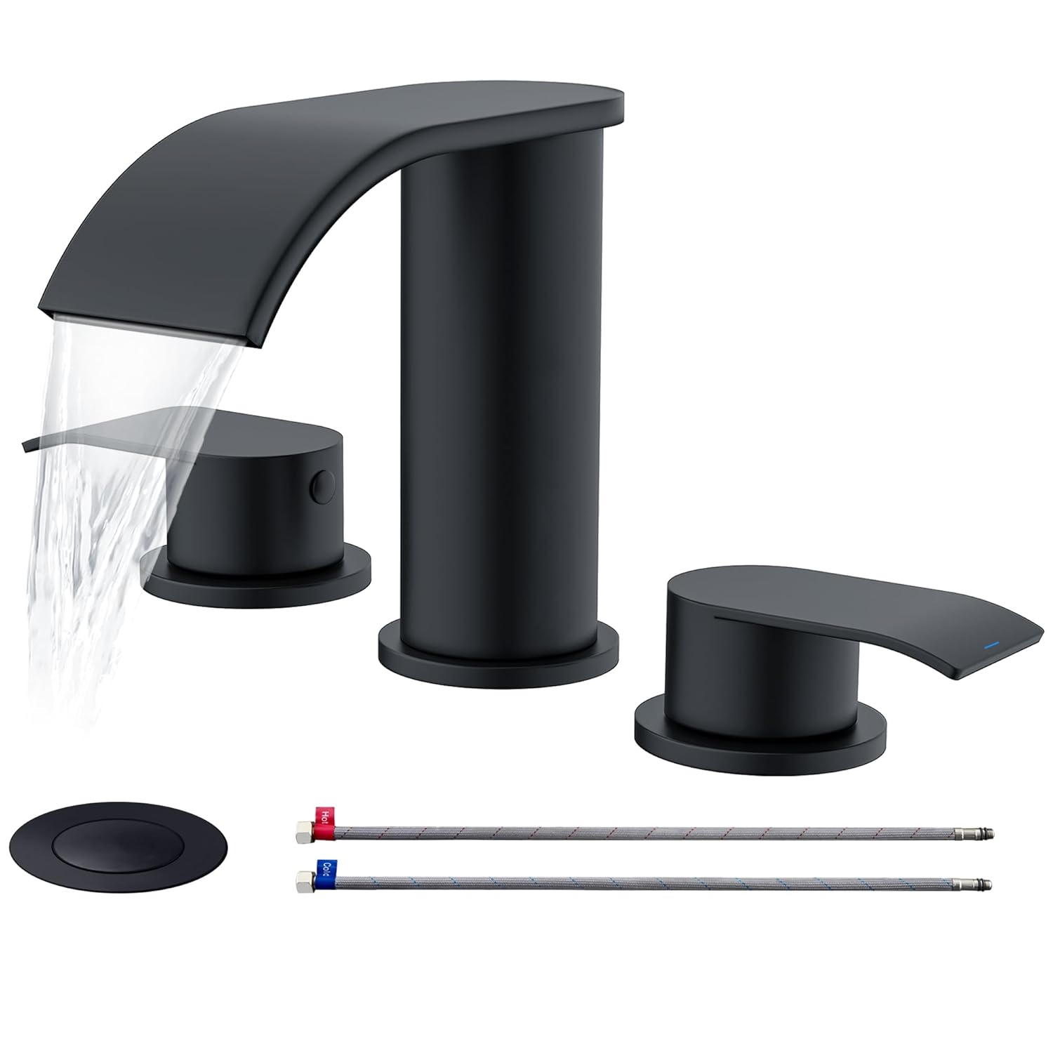 Waterfall Bathroom Sink Faucet Matte Black, Two Handles Bathroom Faucet with Metal Pop up Sink Drain Stopper, 2 or 3 Holes Bathroom Basin Lavatory Mixer Tap with Deck Mount Plate
