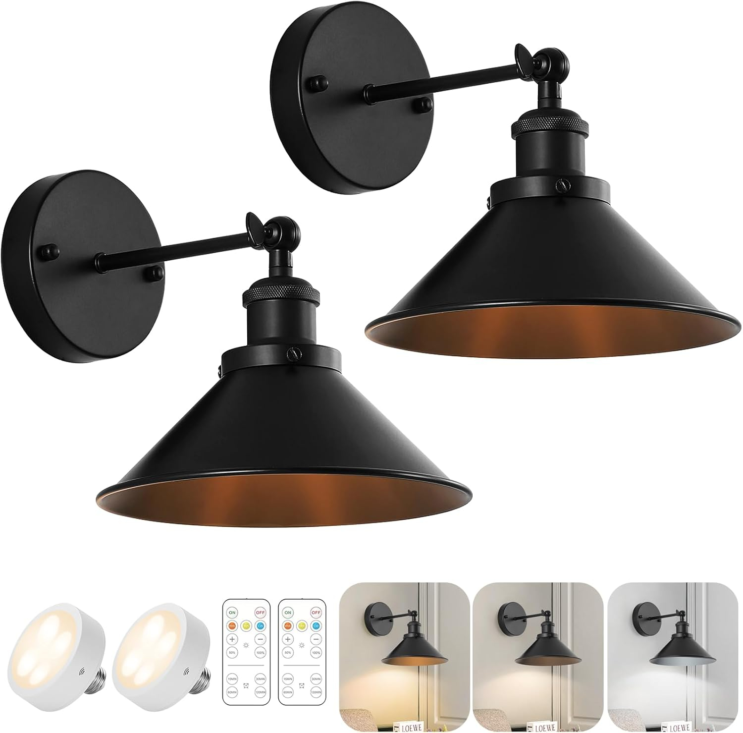 Battery Operated Wall Sconce Decor Set of 2, Black Wireless Wall Sconces with Remote, Dimmable Vintage Led Wall Lights, Wall Lamp for Bedroom Farmhouse Gallery