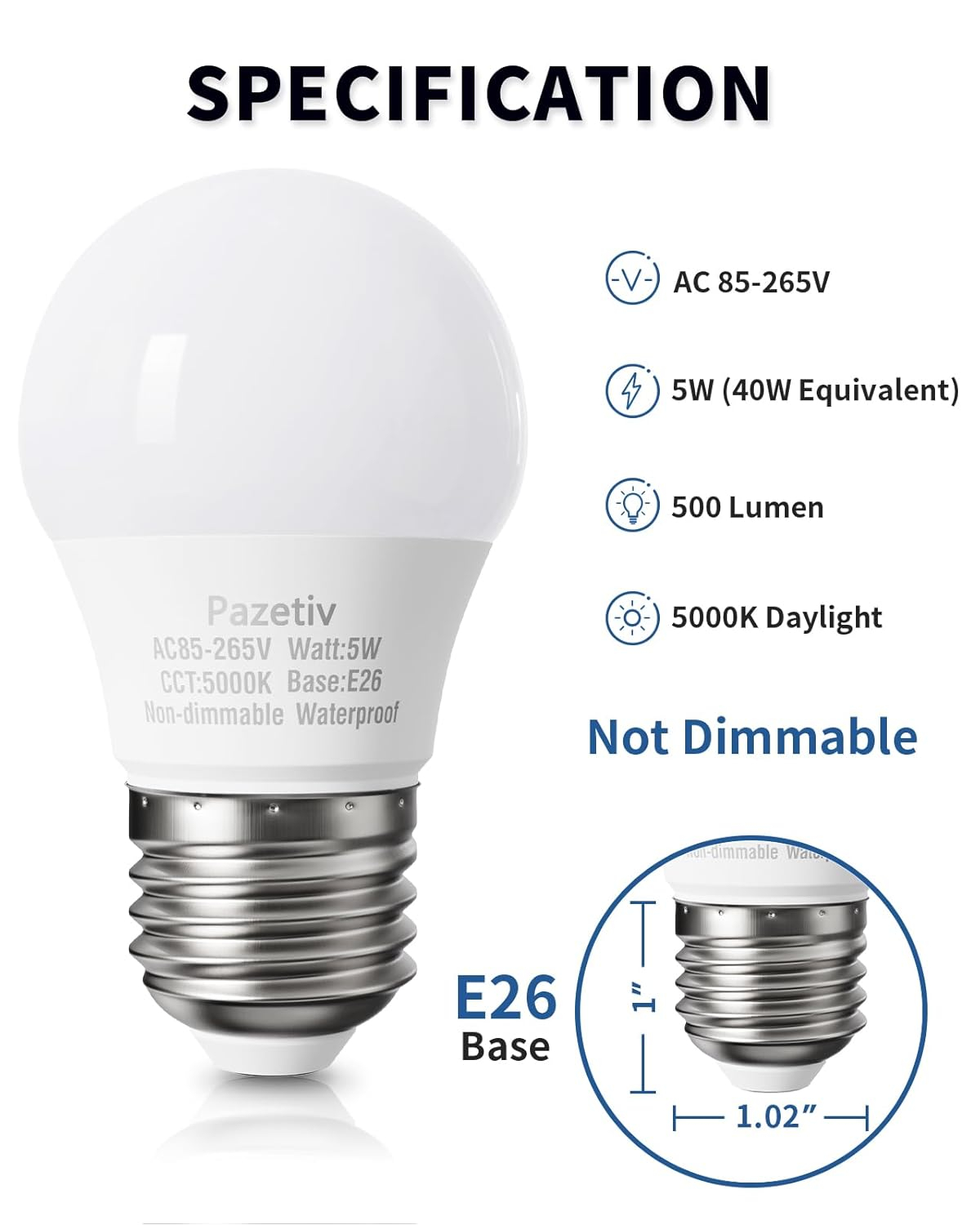 Waterproof LED Refrigerator Light Bulbs 40 watt Equivalent, 120V, Daylight 5000K, E26 Medium Base, Fridge Light Bulb, Freezer Bulb, A15 LED Appliance Bulb, Not Dimmable