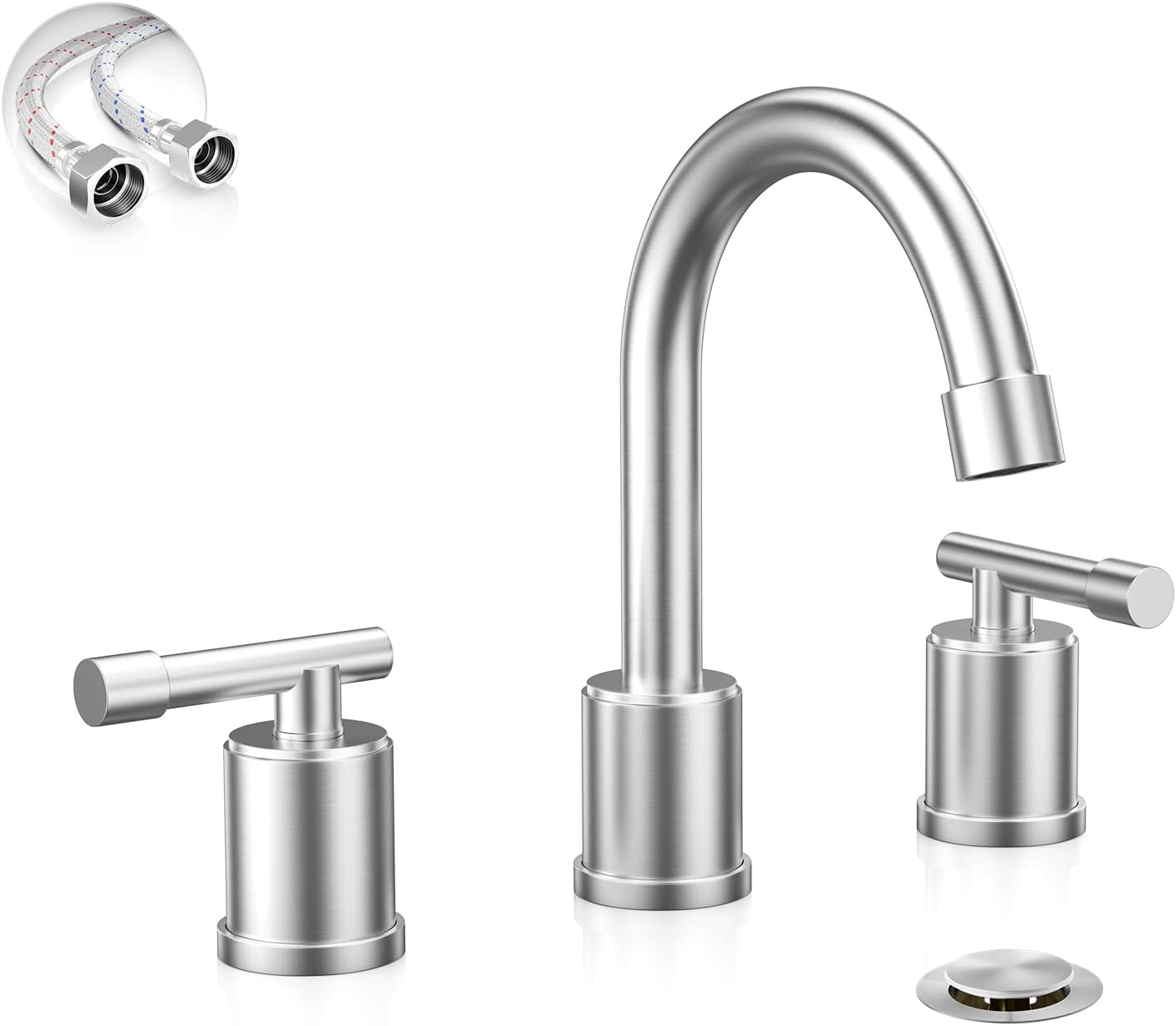 Phiestina 8 Inch Brushed Nickel Bathroom Faucet，3 Holes 2 Handles Widespread Stainless Steel Bathroom Sink Faucet with Metal Pop-Up Drain and Water Supply Lines,WFZY01-BN