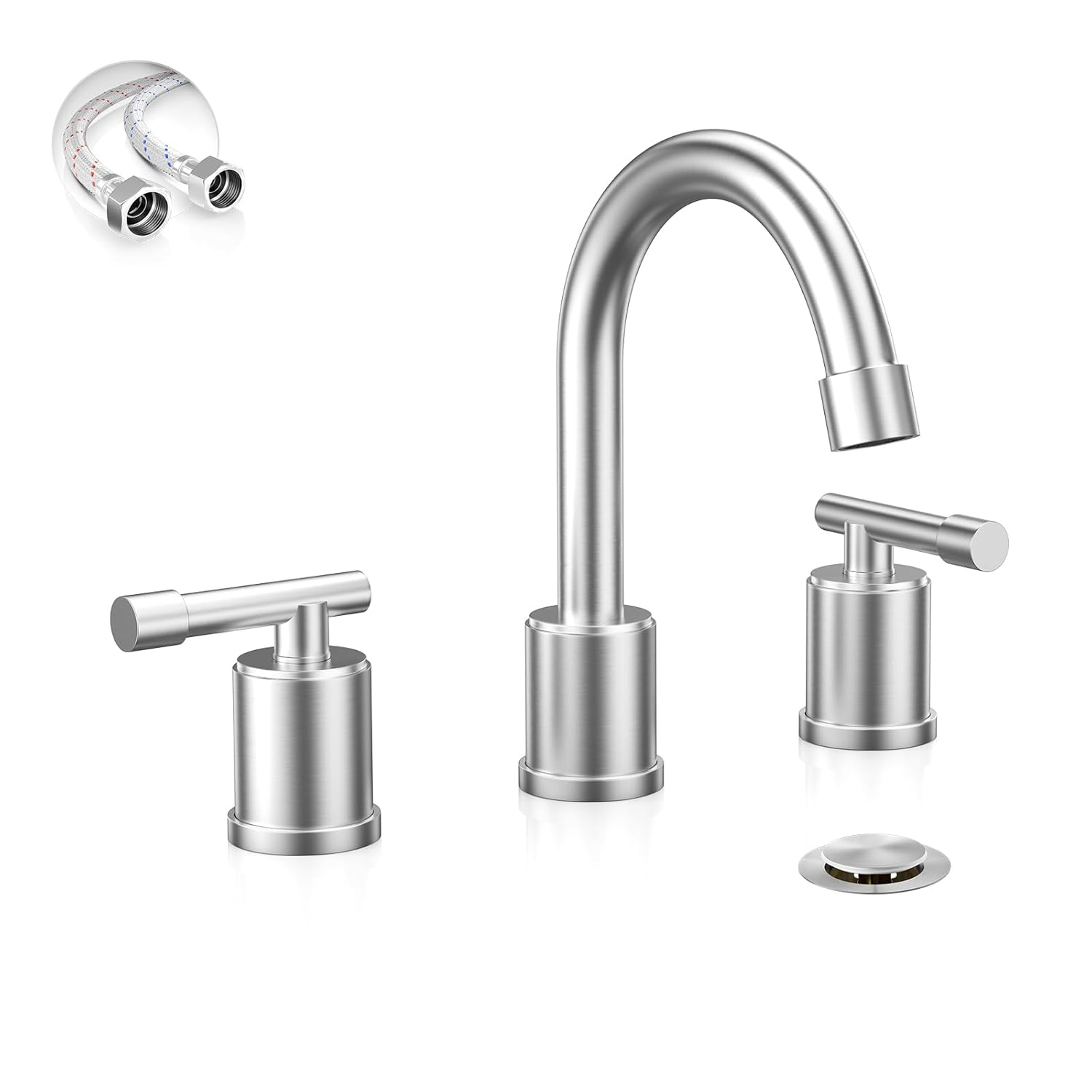 Phiestina 8 Inch Brushed Nickel Bathroom Faucet，3 Holes 2 Handles Widespread Stainless Steel Bathroom Sink Faucet with Metal Pop-Up Drain and Water Supply Lines,WFZY01-BN