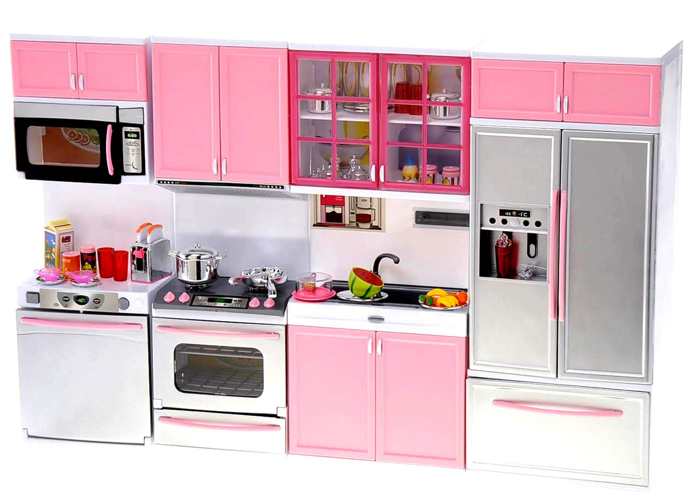 PowerTRC Doll Kitchen Play Set, Mini Modern Toy Pink Kitchen Pretend Play Furnitures Toy Set Accessories Set with Realistic Light & Sound for Kids Toddlers Girls (4-in-1)
