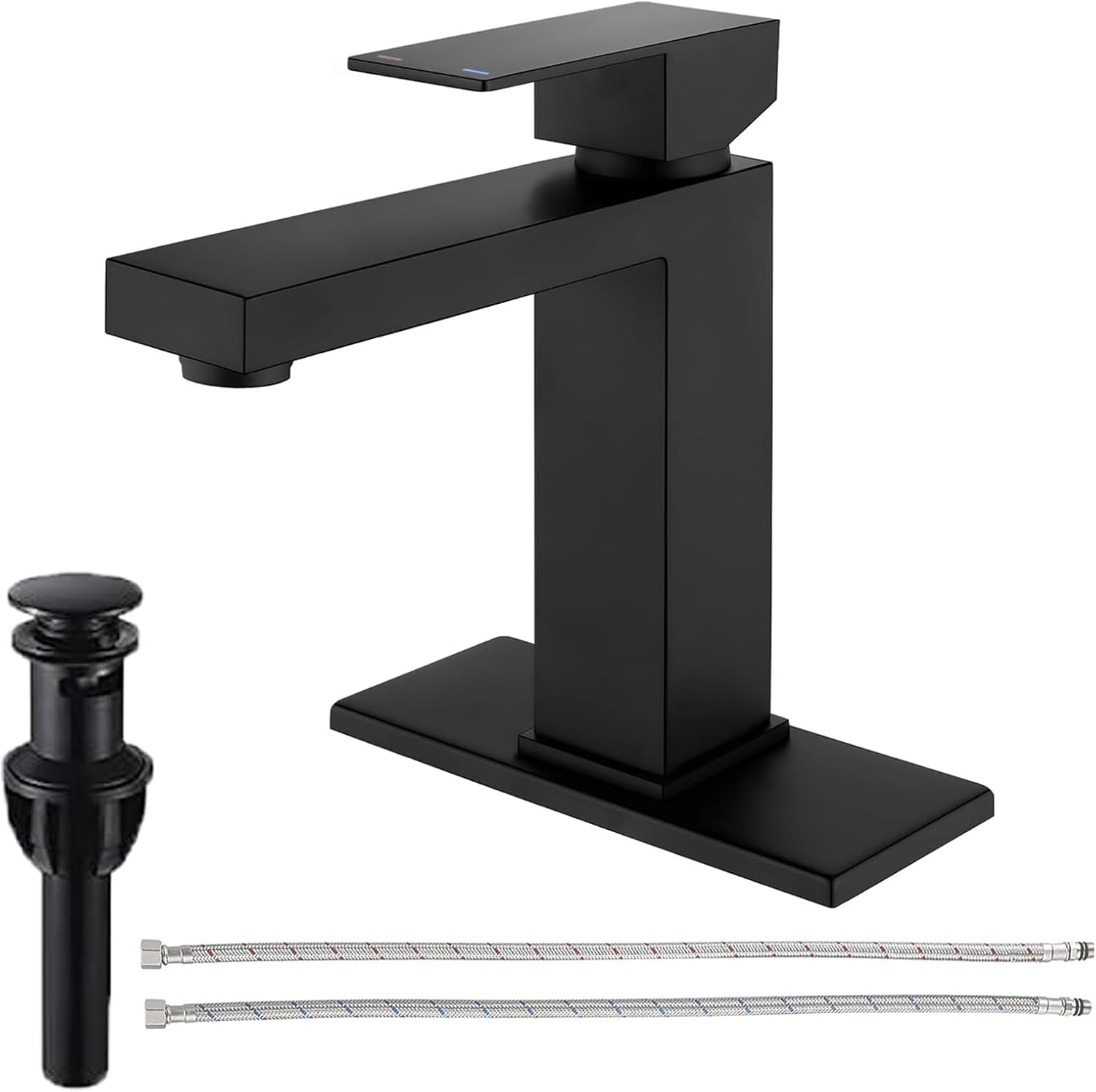 Matte Black Single Hole Bathroom Faucet,Vanity Faucet Modern Commercial RV with Deck Plate for 1 or 3 Hole, Single Handle Stainless Steel Bathroom Sink Faucet with Pop-up Drain