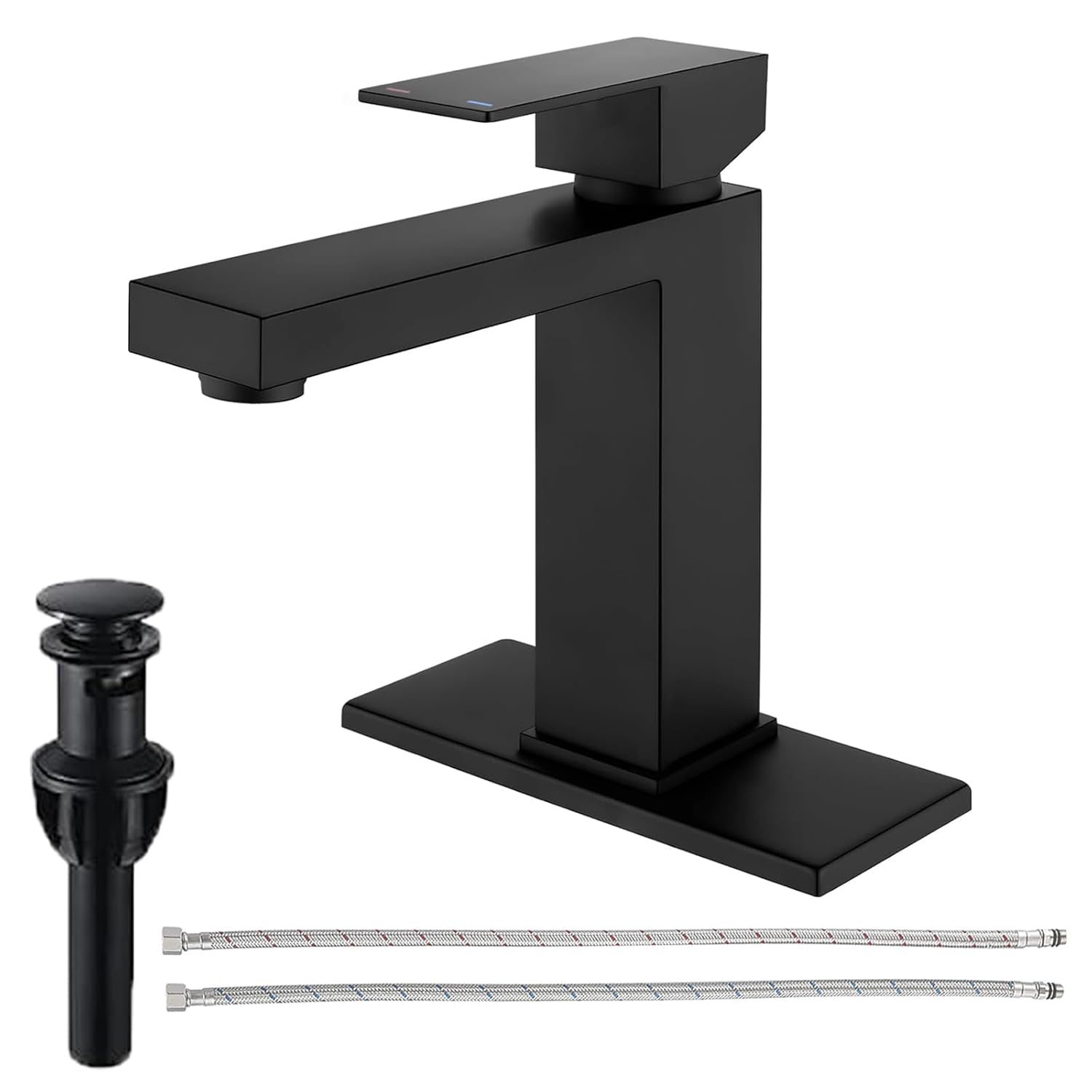 Matte Black Single Hole Bathroom Faucet,Vanity Faucet Modern Commercial RV with Deck Plate for 1 or 3 Hole, Single Handle Stainless Steel Bathroom Sink Faucet with Pop-up Drain