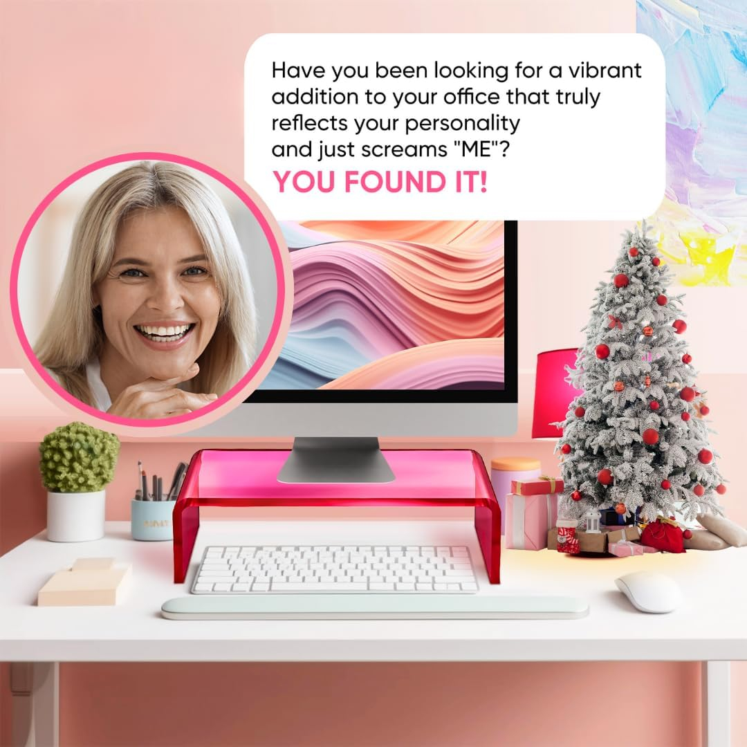 NovaMode Acrylic Monitor Stand - Ergonomic Desk Riser for Better Posture, Stylish & Modern Desktop Organizer, Computer Desk Stand for Monitors & Laptop - Bright Pink