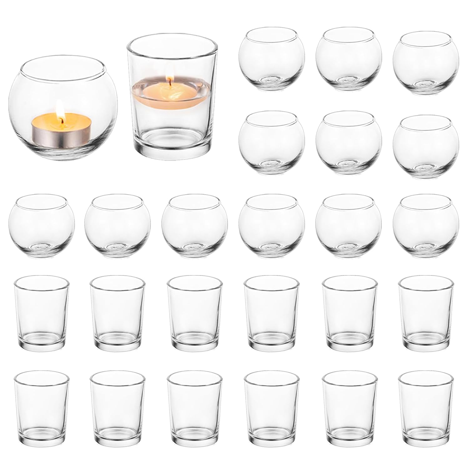 Glasseam Clear Candle Holders - Round Glass Votive Candle Holders Bulk 24, Modern Small Tea Lights, Decorative for Dining Room & Christmas Decor