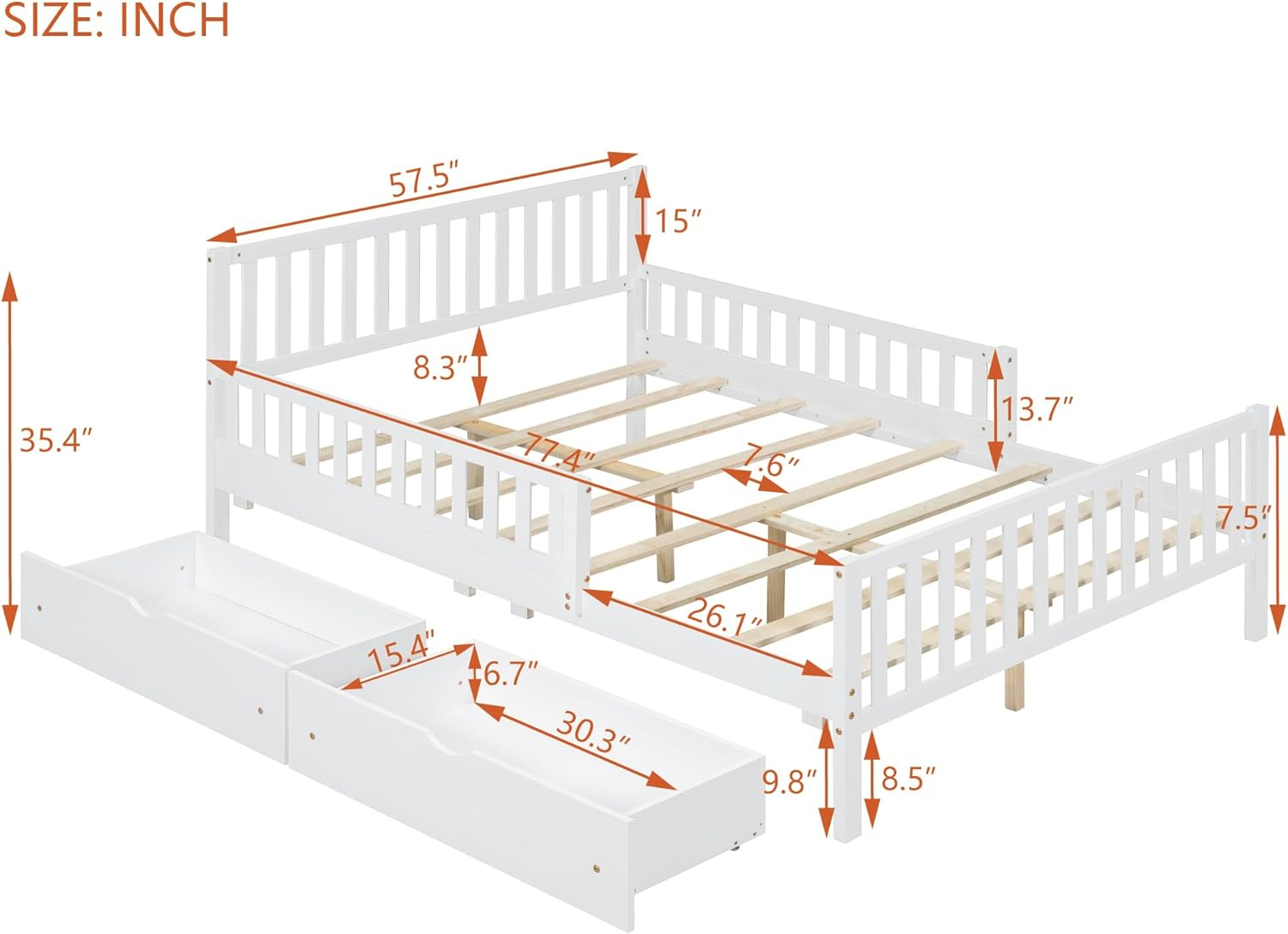 Kids Full Bed with Guardrails, Low Platform Bed with Headboard and Footboard, White Children Bed Frame with 2 Drawers for Boy Girl