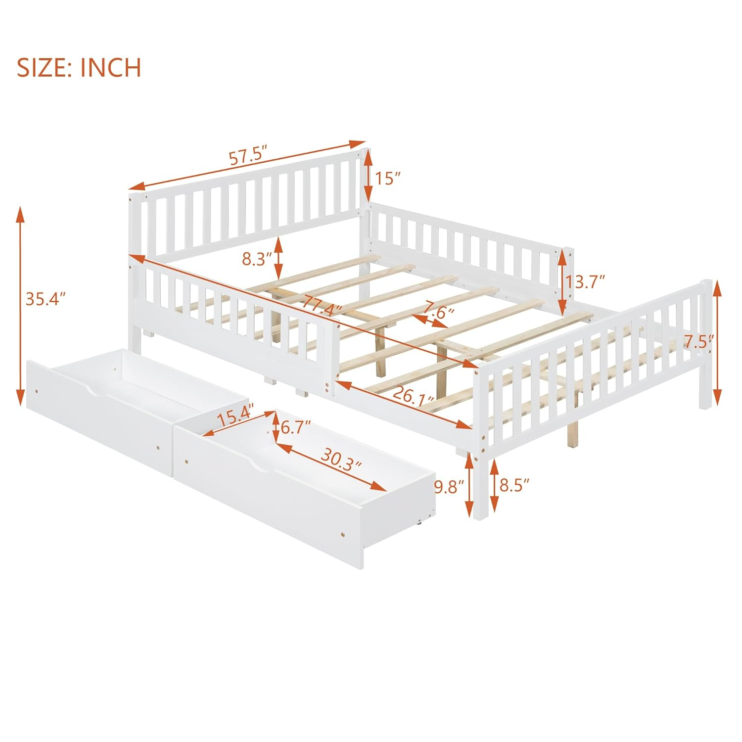 Kids Full Bed with Guardrails, Low Platform Bed with Headboard and Footboard, White Children Bed Frame with 2 Drawers for Boy Girl
