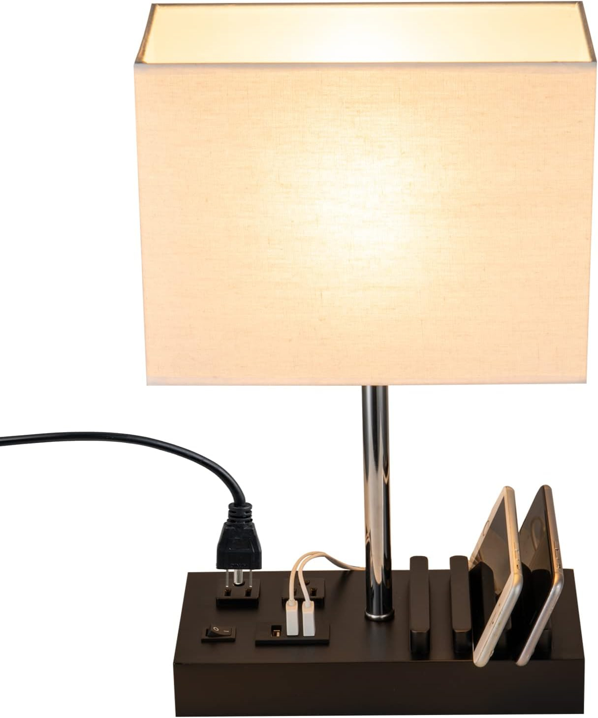 Briever Upgraded 3 USB Table Lamp with 2 USB A & C Charging Ports, Bedside Desk Lamp with 2 AC Outlets and Wooden Phone Stand Organizer, Ideal Nightstand Lamp for Bedroom, Guest Room, Office