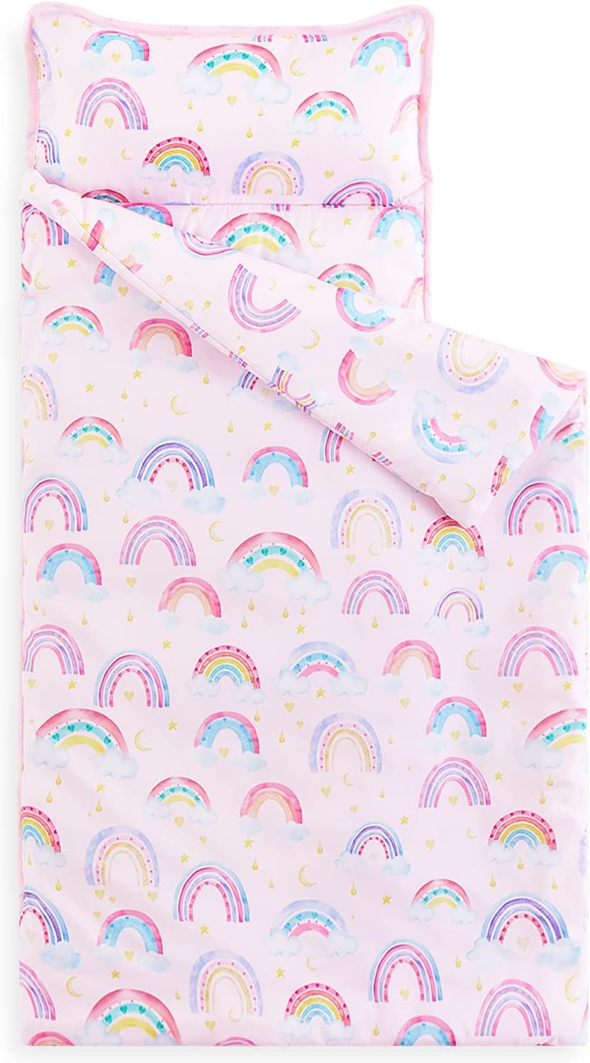 Wake In Cloud - Toddler Nap Mat with Pillow and Blanket, for Kids Girls in Kindergarten Daycare Preschool Pre K, Roll Up Sleeping Bag, Colorful Rainbows, Light Pink, Standard