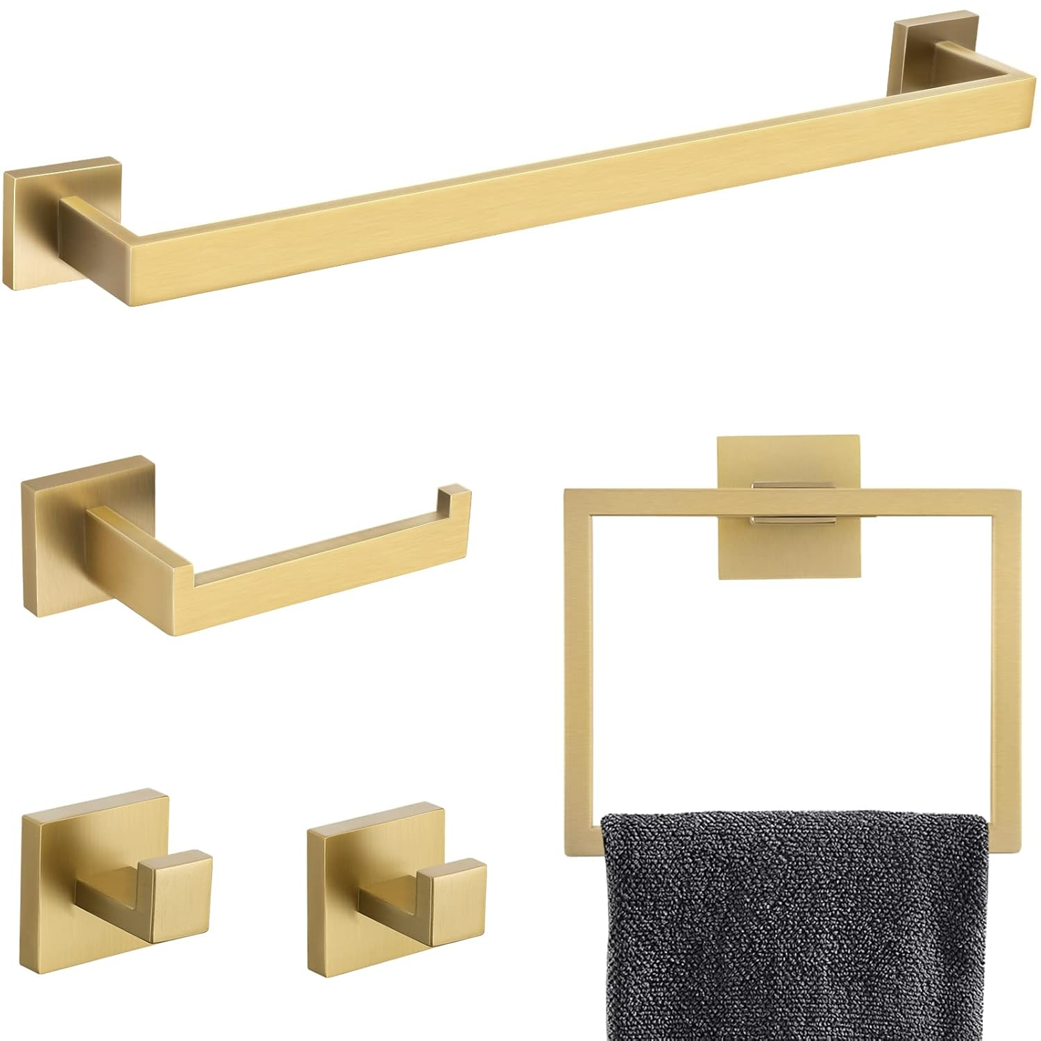 Bathroom Towel Bar Set 5-Piece Stainless Steel Wall Mounted Hardware Kit Modern Square Design For Bathroom And Kitchen