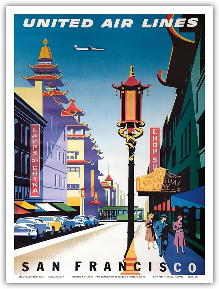 San Francisco USA - Chinatown - United Air Lines - Vintage Airline Travel Poster by Joseph Binder c.1950s - Master Art Print (Unframed) 9in x 12in