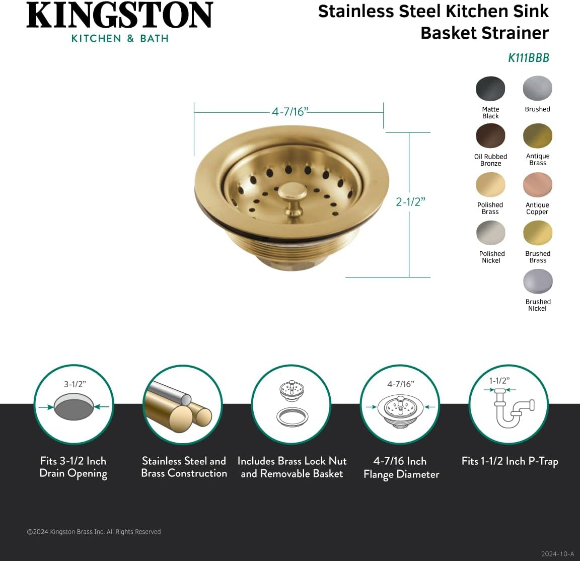Kingston Brass K111b Tacoma 3" Basket Strainer - Brass