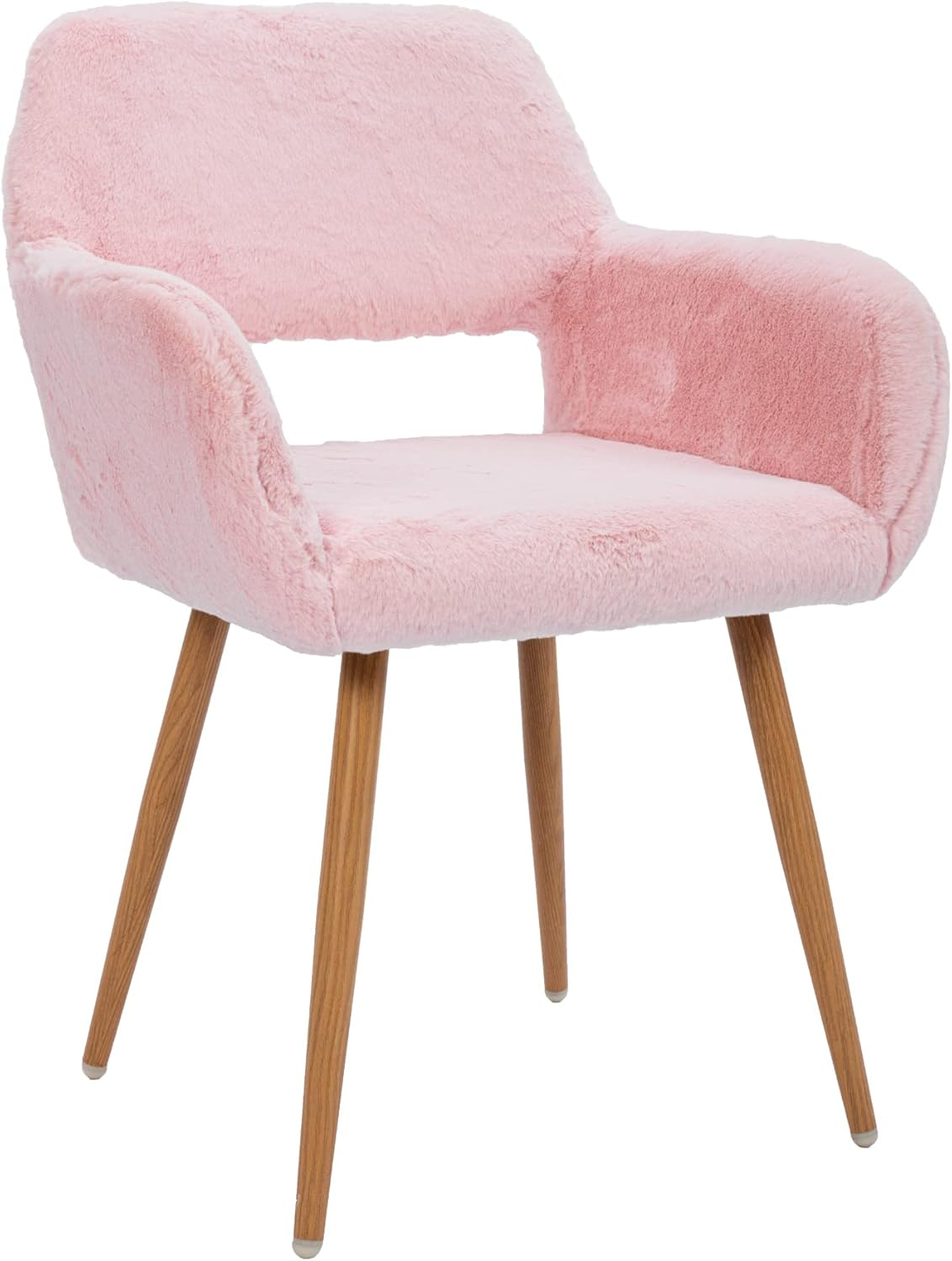 KCC Furry Desk Chair, Mid-Century Modern Accent Faux Fur Chair for Teen Girls, Comfy Armchair with Wood Look Metal Legs for Living Dining Room, Home Vanity Makeup Office Desk Chairs No Wheel, Pink