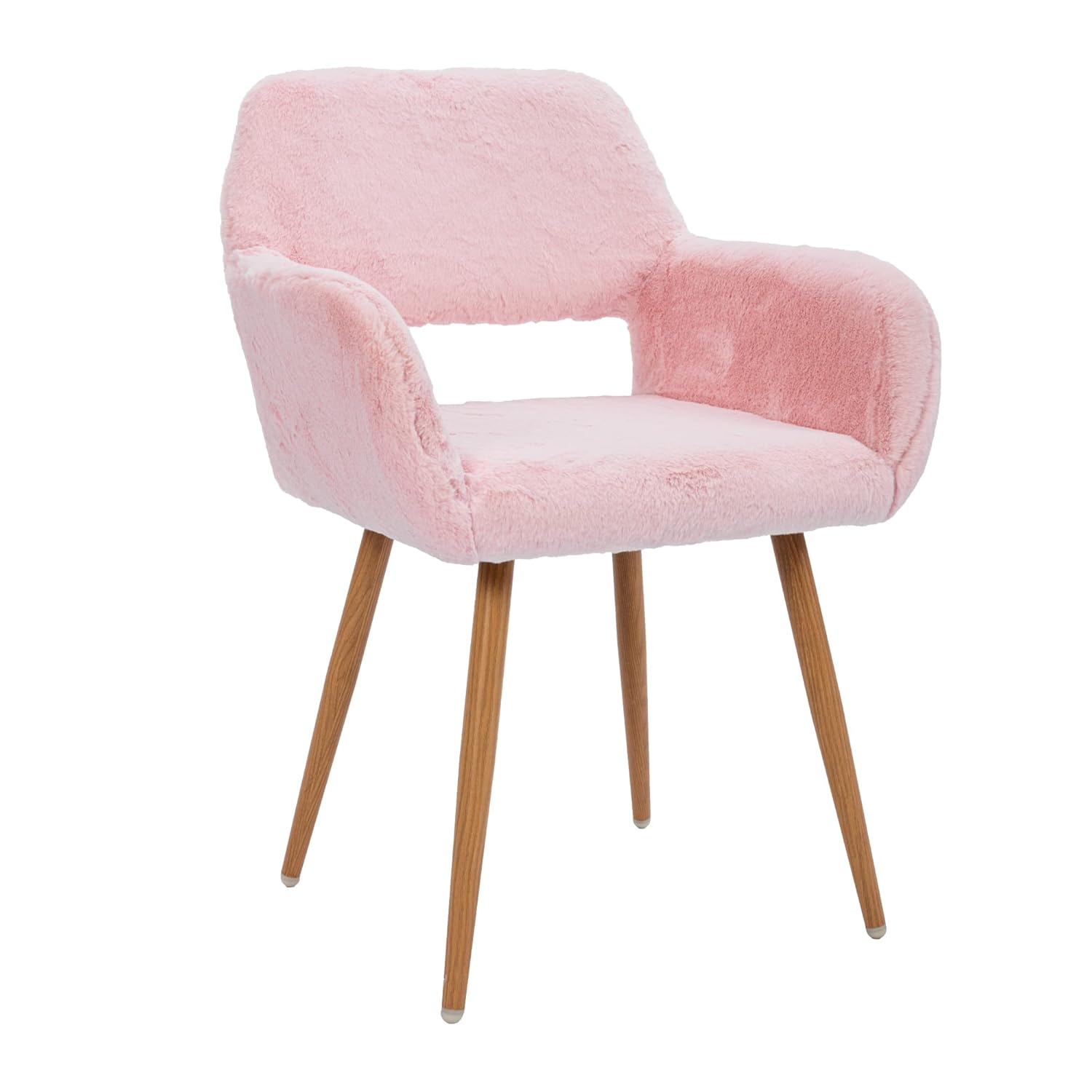 KCC Furry Desk Chair, Mid-Century Modern Accent Faux Fur Chair for Teen Girls, Comfy Armchair with Wood Look Metal Legs for Living Dining Room, Home Vanity Makeup Office Desk Chairs No Wheel, Pink