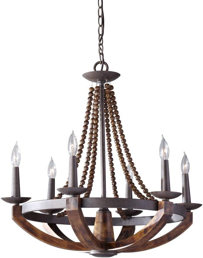 Mini Adan Rustic Iron & Burnished Wood 6-Light Chandelier