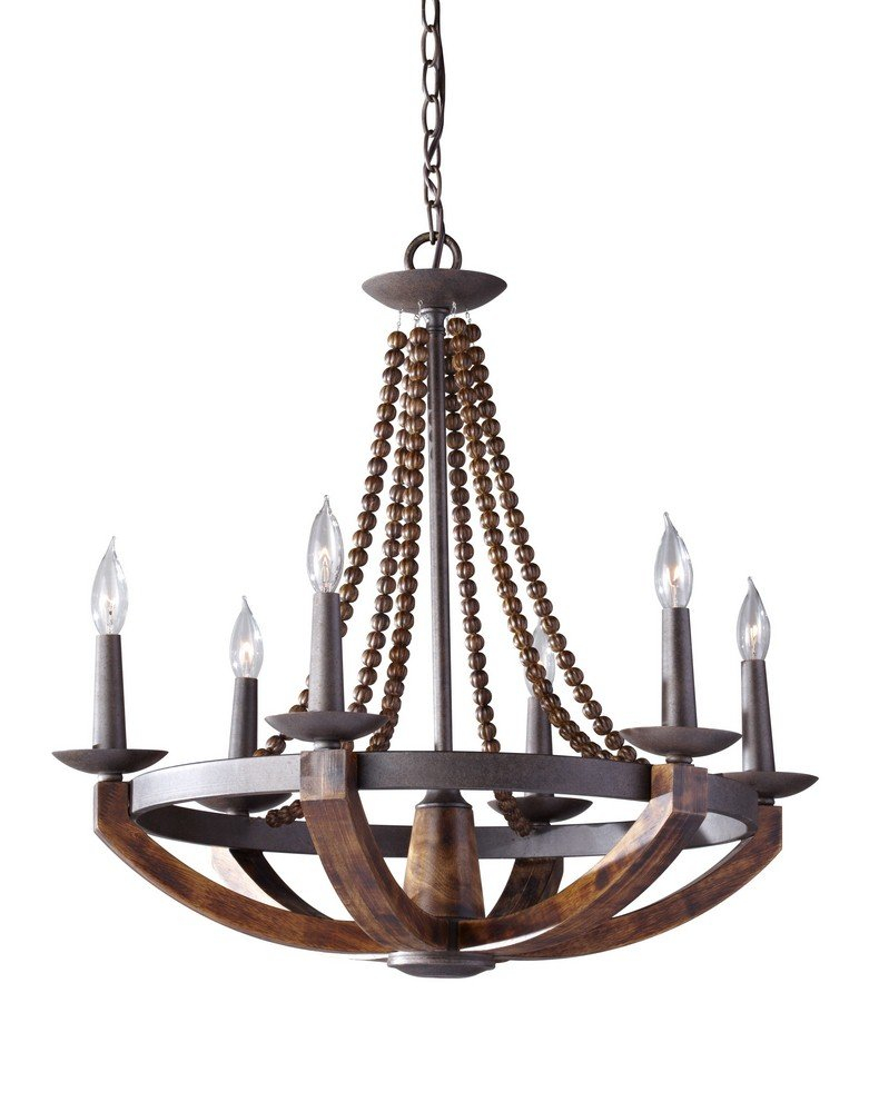 Mini Adan Rustic Iron & Burnished Wood 6-Light Chandelier