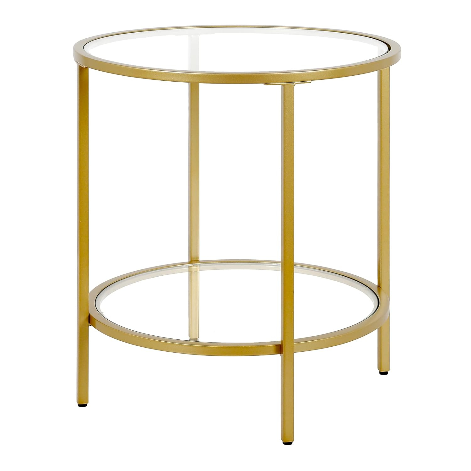 Evelyn&Zoe Sivil 20" Wide Round Side Table with Glass Shelf, Brass