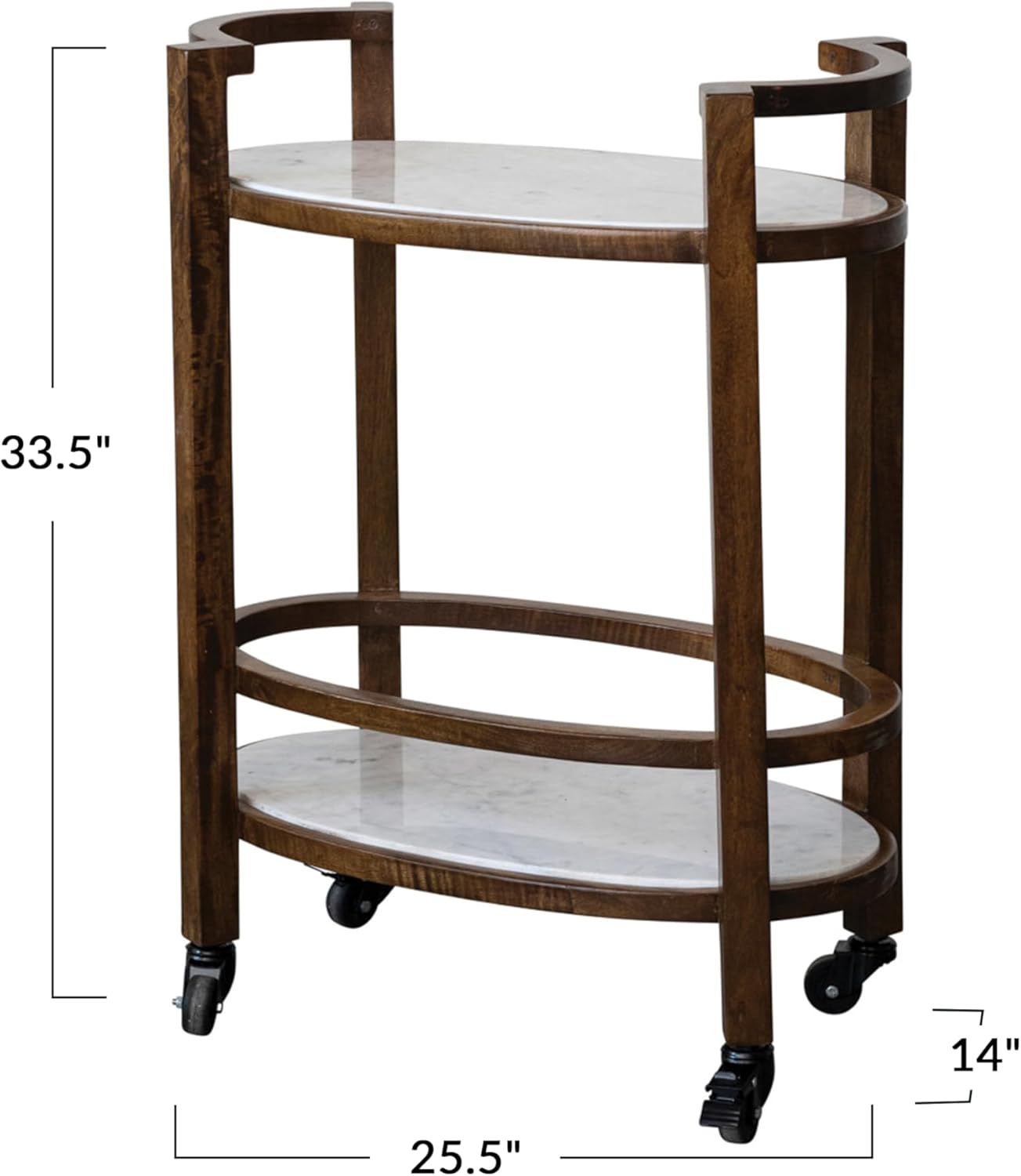Walnut Finish and White Mango Wood and Marble 2-Tier Bar Cart