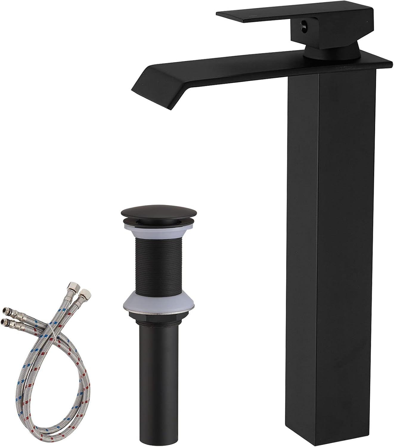 Matte Black Vessel Sink Faucet for Sink 1 Hole Single Handle Deck Mount Bathroom Sink Faucet Bowl Sink Mixer Tap with Pop Up Drain Combo Vanity RV Bar Sink Faucet