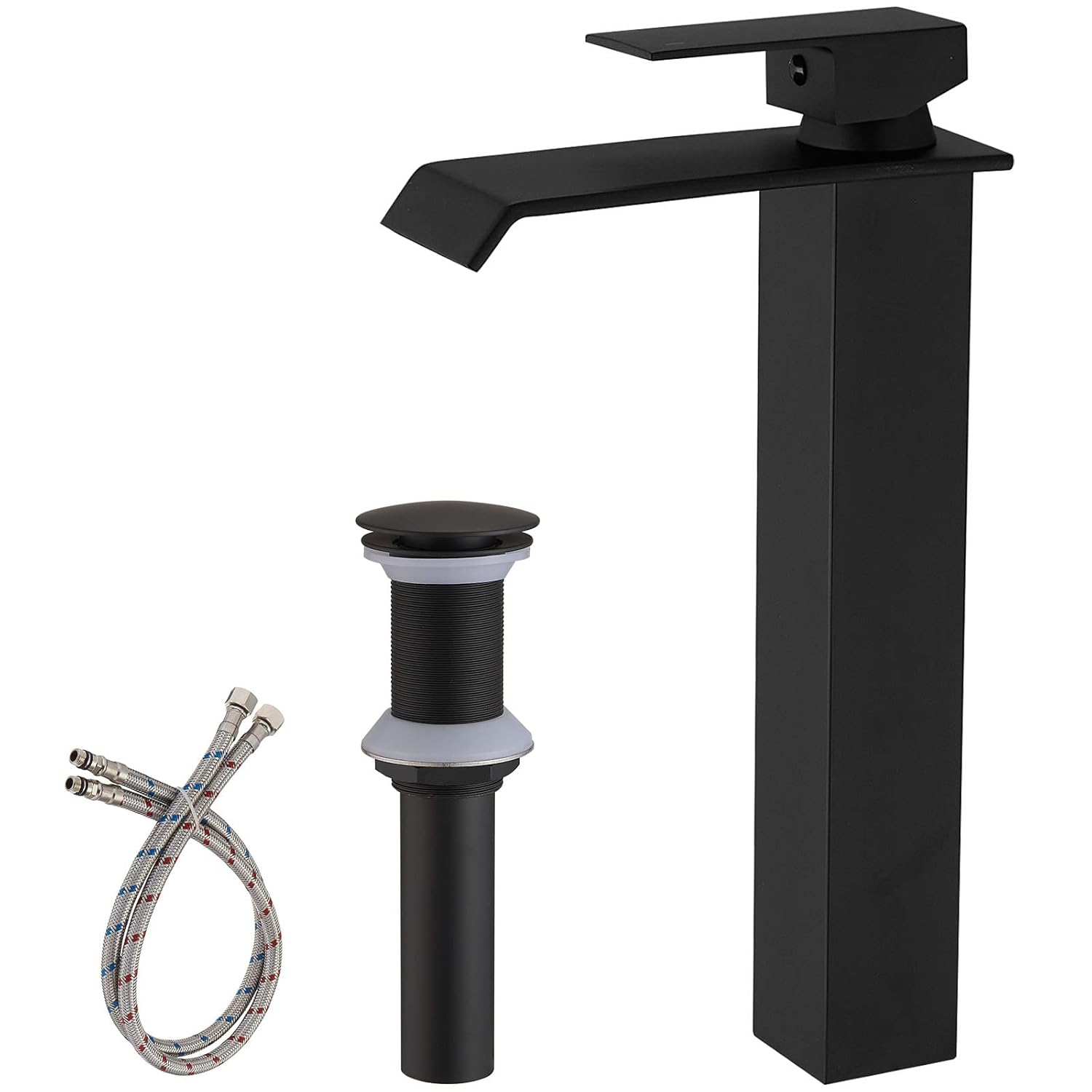 Matte Black Vessel Sink Faucet for Sink 1 Hole Single Handle Deck Mount Bathroom Sink Faucet Bowl Sink Mixer Tap with Pop Up Drain Combo Vanity RV Bar Sink Faucet