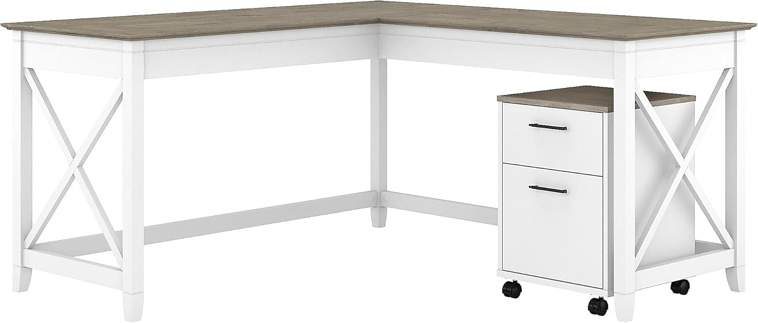 Pure White Engineered Wood L-Shaped Desk with Mobile File Cabinet